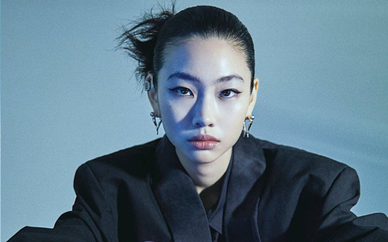 桌布 壁紙 — 一位深色頭髮、梳著凌亂髮髻的女性，在清涼的藍灰色背景下，專注地凝視著鏡頭。