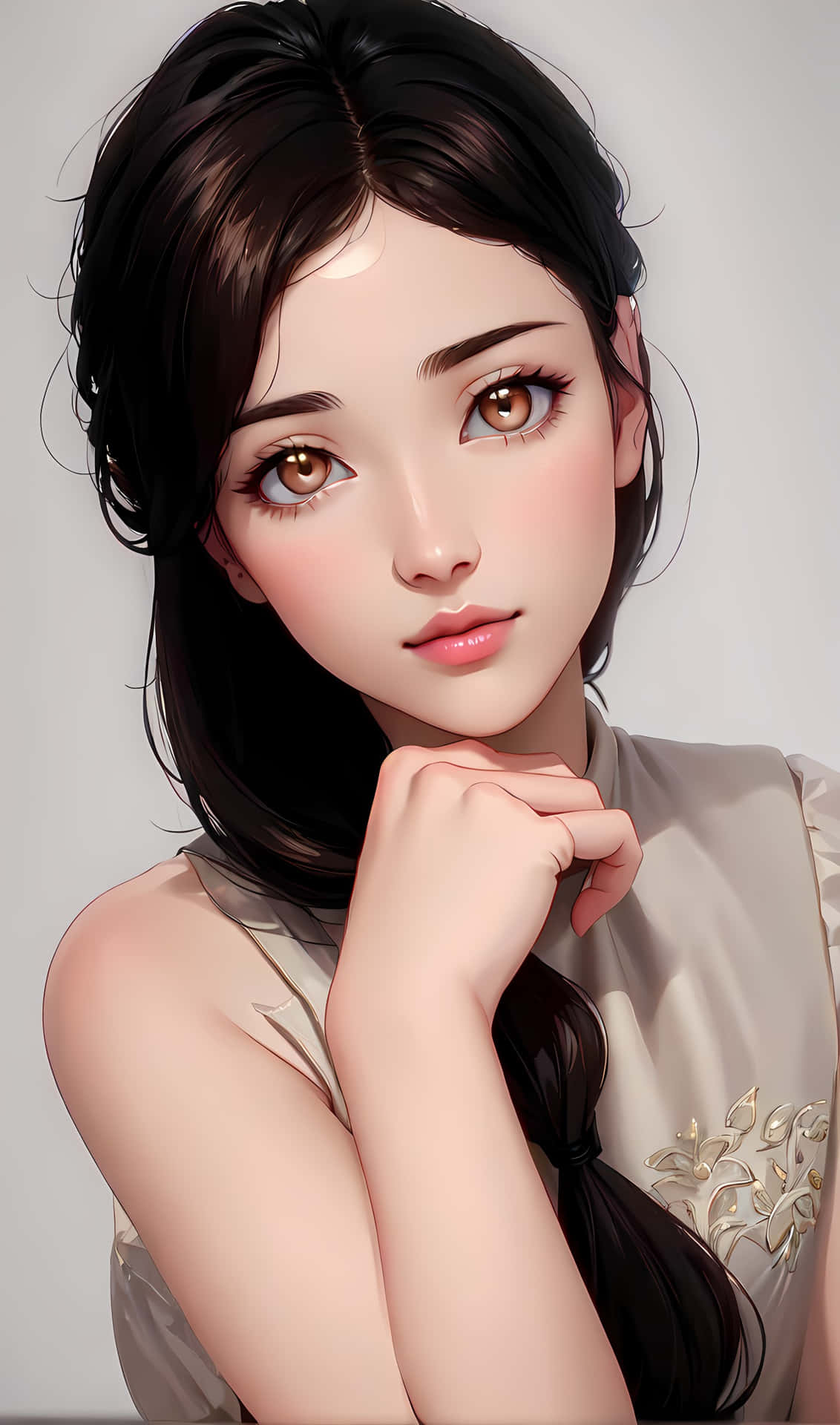 HD wallpaper 4K 壁紙 — 一位深色頭髮、溫暖棕色眼睛的年輕女性，在純色背景前輕輕托腮凝視。