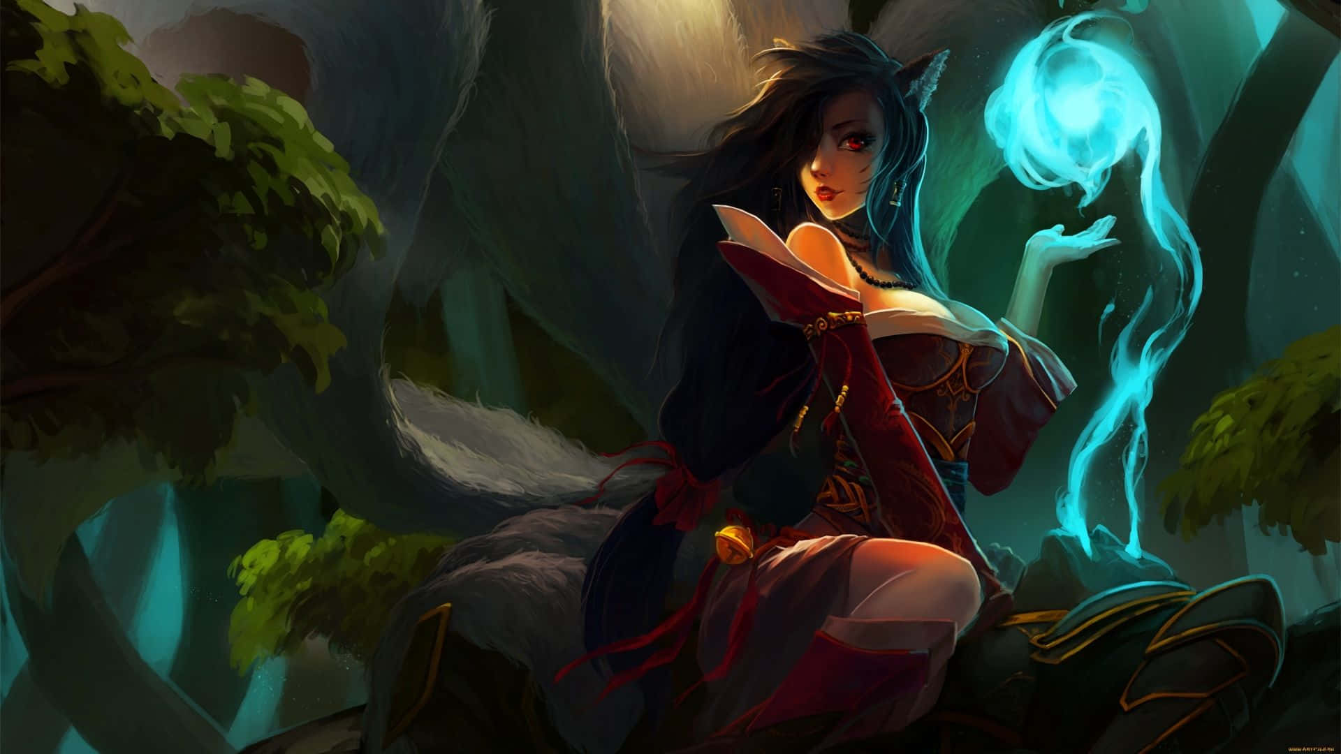 Best League Of Legends 桌布 壁紙 — 一位深色頭髮、眼睛發出紅光的精靈女性坐在神秘的森林中，召喚著一個旋轉的藍色魔法球。