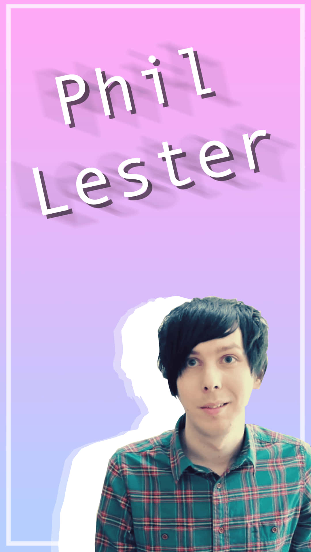 dan and phil 桌布 壁紙 — 一位深色頭髮、穿著格紋襯衫的男人在紫色漸變背景前微笑，上面有他名字的3D文字。