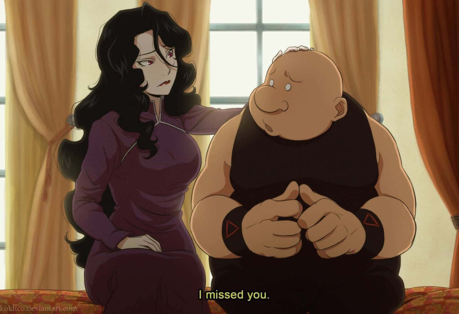 Fullmetal Alchemist Gluttony 桌布 壁紙 — 一位深色頭髮、身穿紫色衣服的女性，坐在一個光線溫暖、有窗簾和窗戶的房間裡，旁邊是一位光頭肌肉男。