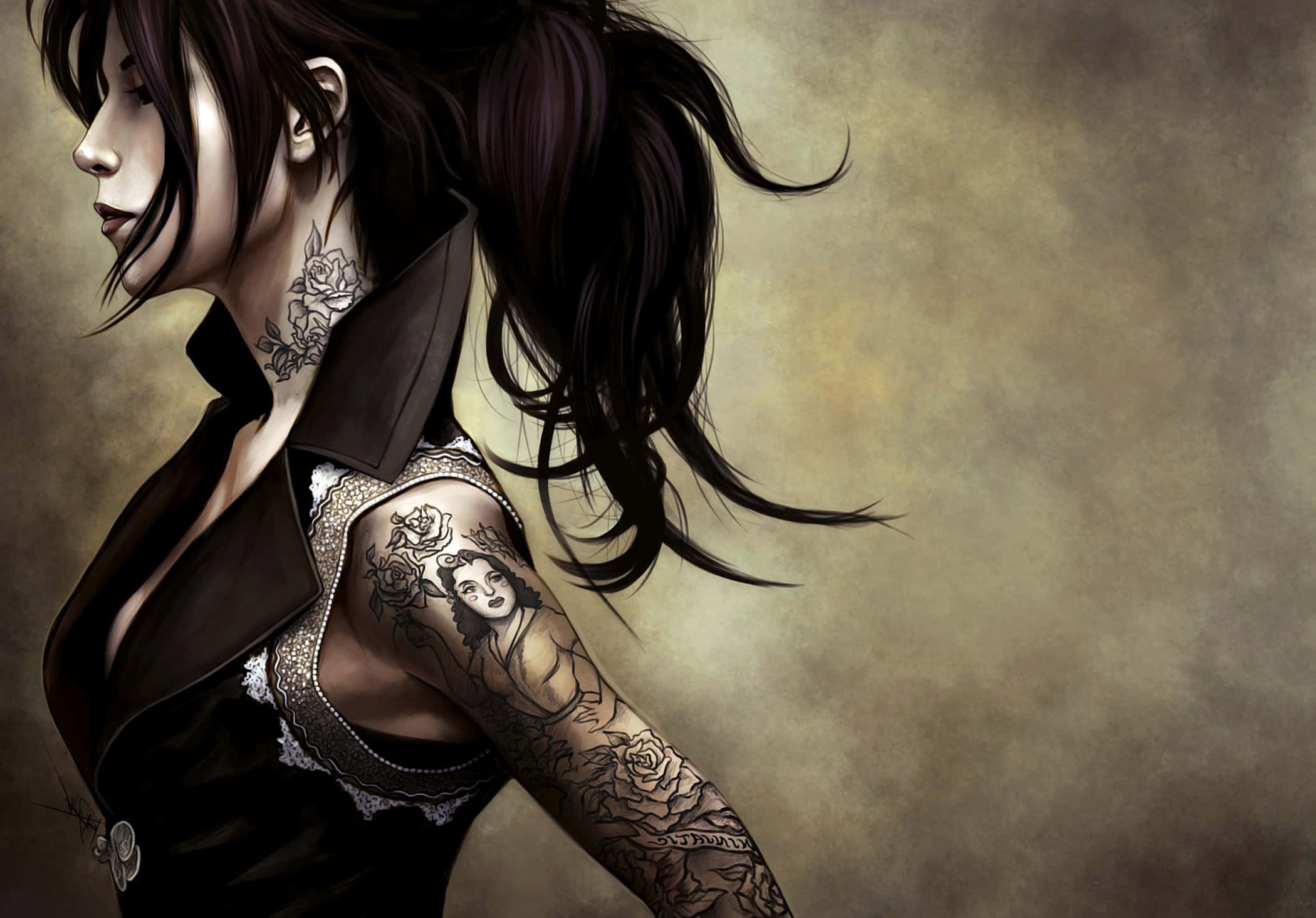 Tattoo 桌布 壁紙 — 一位深色頭髮、頸部和手臂上有精緻玫瑰刺青的女性，在柔和的棕色背景下側視。