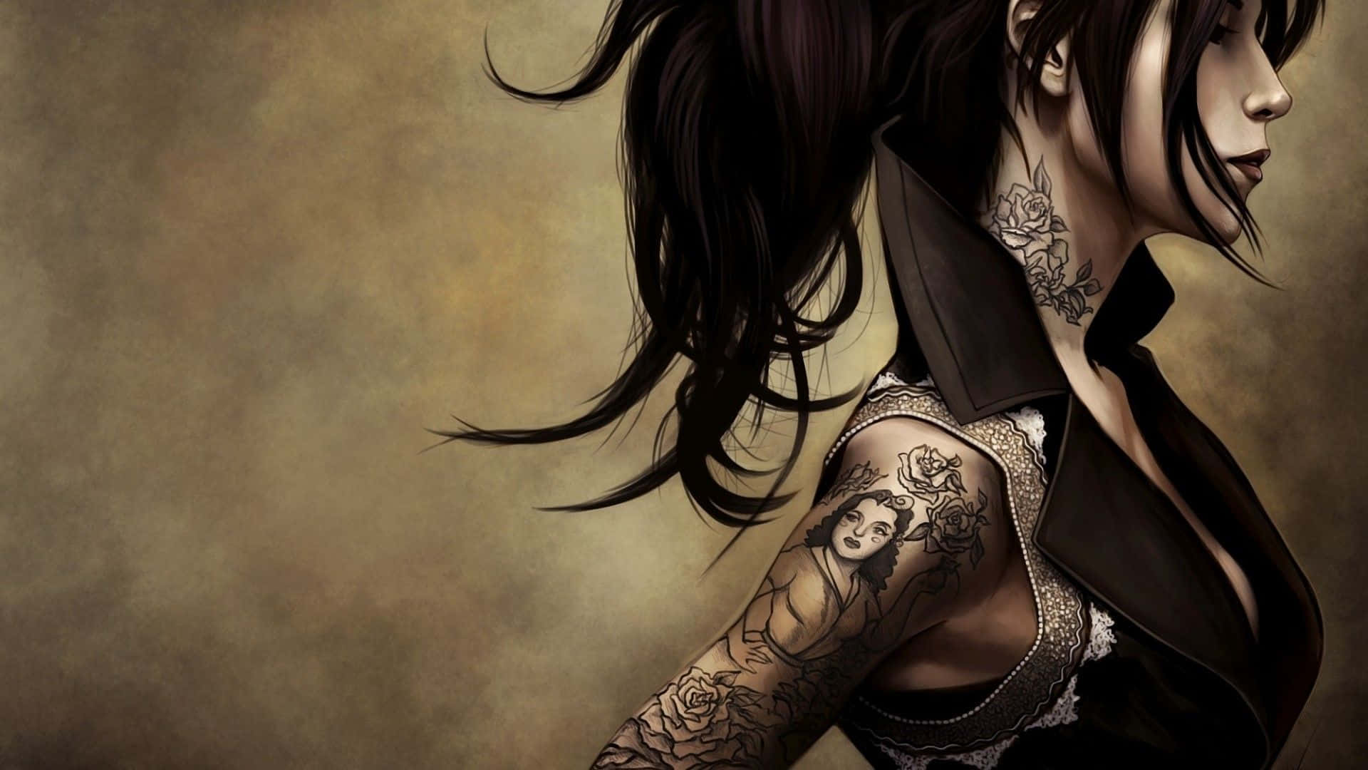 Tattoo 桌布 壁紙 — 一位深色頭髮、頸部和手臂上有複雜紋身的女性，在柔和的棕色背景前穿著黑色外套。
