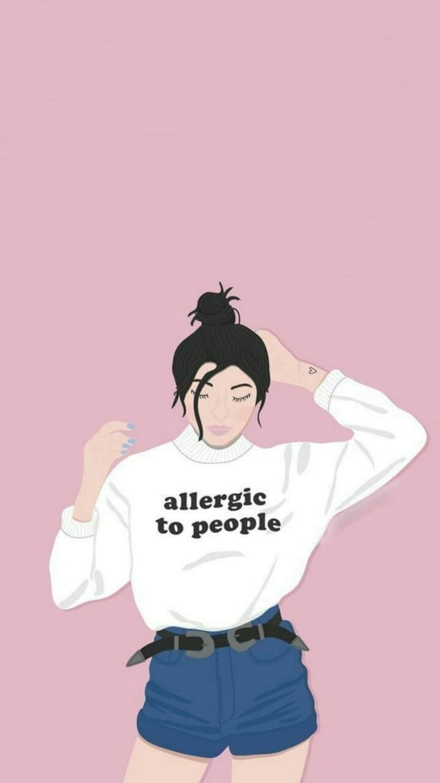 可愛女生 桌布 壁紙 — 一位深色頭髮束成髮髻的年輕女性，身穿印有 allergic to people 字樣的白色運動衫，背景是柔和的粉紅色。
