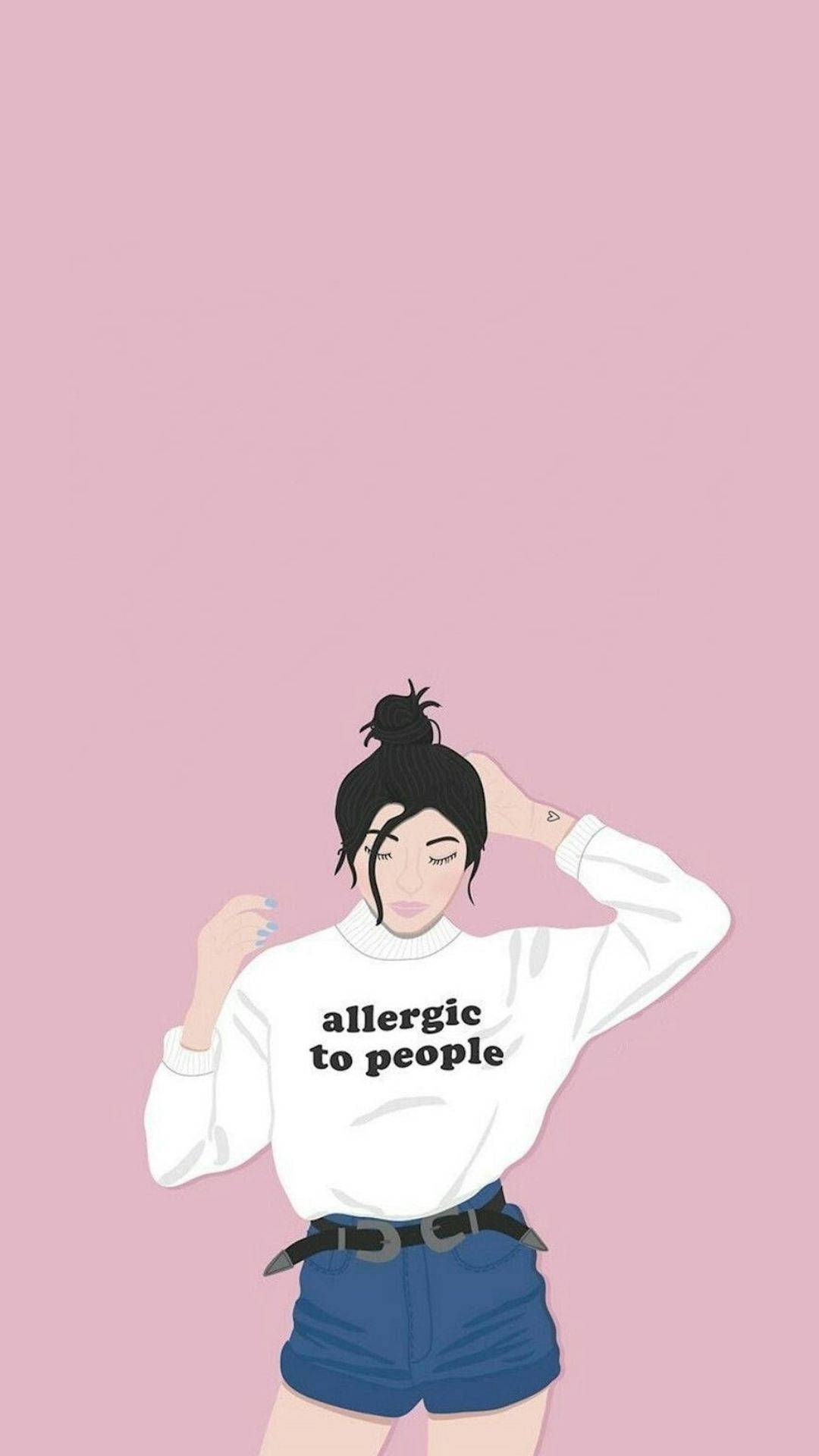 girls 桌布 壁紙 — 一位深色頭髮束成髮髻的年輕女性，身穿印有 allergic to people 字樣的白色運動衫，背景為純粉紅色。