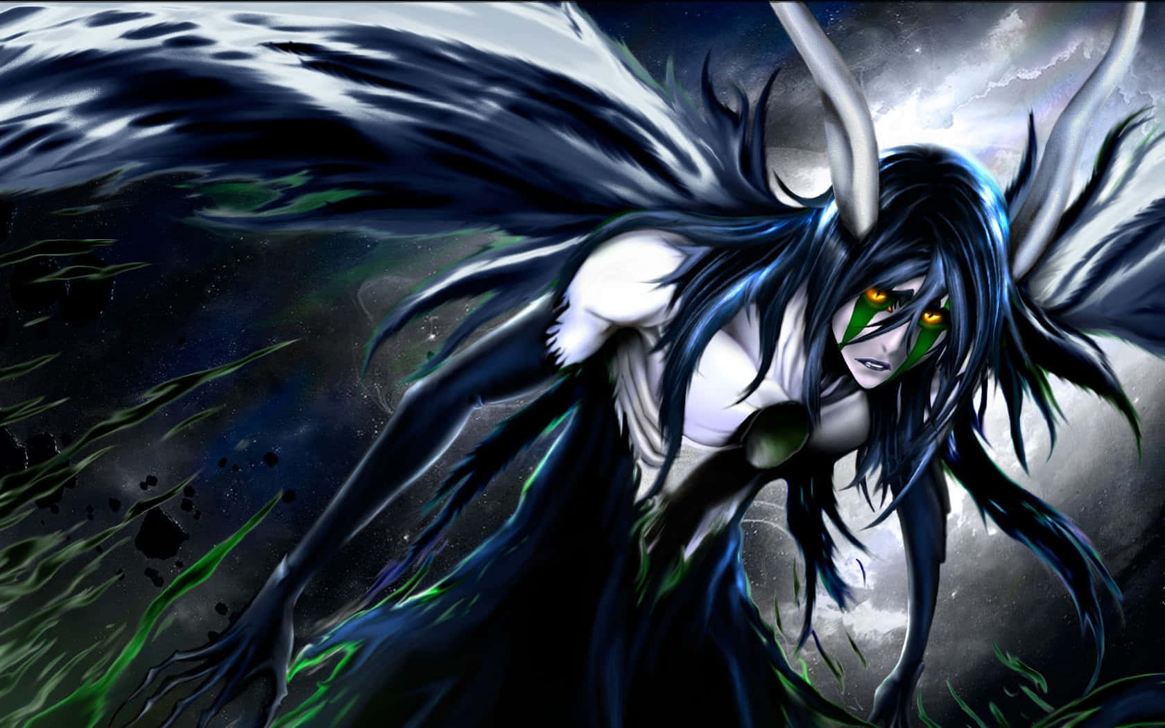 Ulquiorra Cifer 桌布 壁紙 — 一位深色頭髮的動漫天使，擁有發光的綠色眼睛和白色翅膀，在風暴般的宇宙背景下擺出兇猛的姿勢。