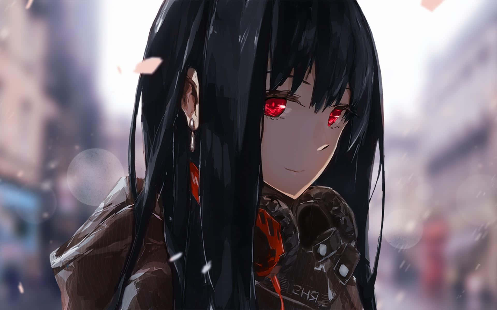 Anime Girl Black Hair 桌布 壁紙 — 一位深色頭髮的動漫女孩，擁有發光的紅色眼睛，站在雪覆蓋的城市街道上，她的表情平靜而神秘。
