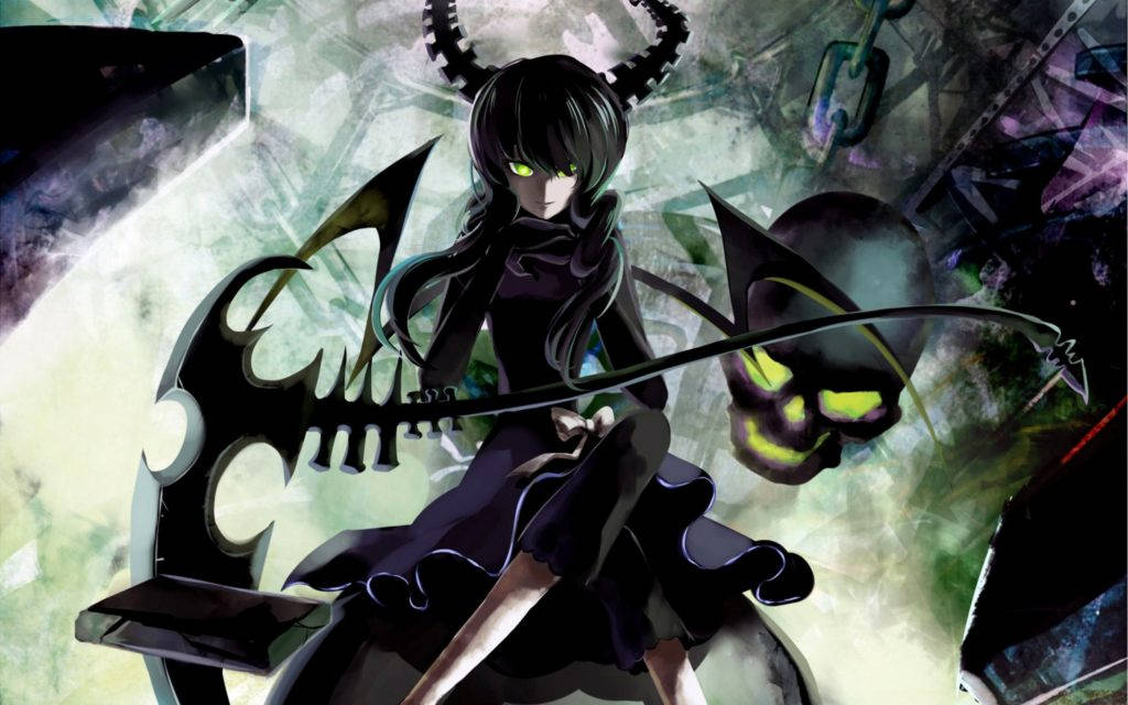Anime Desktop 桌布 壁紙 — 一位深色頭髮的動漫女孩，擁有發光的綠色眼睛和角，在混亂陰暗的背景中揮舞著一把大鐮刀。