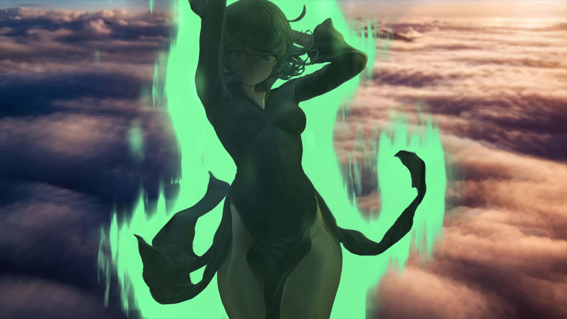 Tatsumaki 桌布 壁紙 — 一位深色頭髮的動漫女孩，散發著發光的綠色光環，站在日落時的雲層之上，投下戲劇性的陰影。