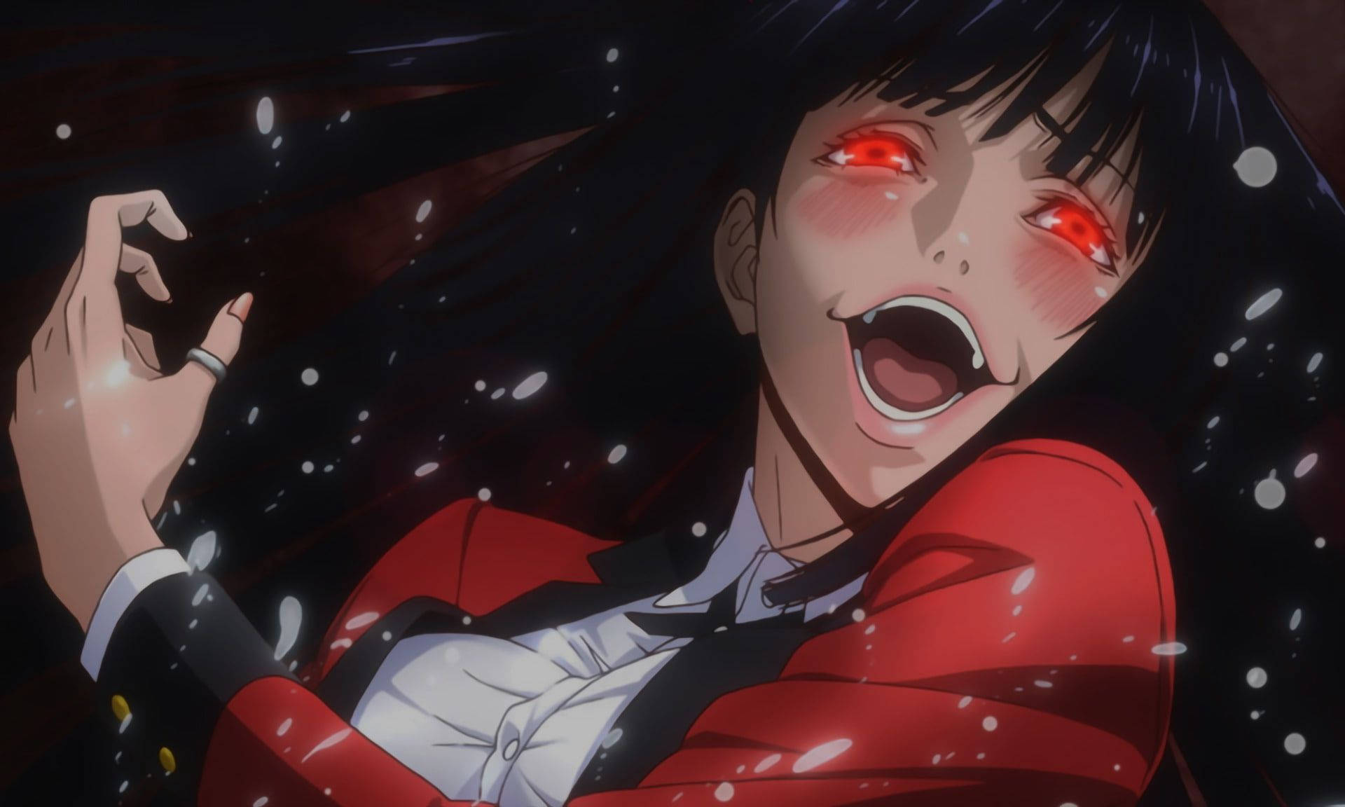 Kakegurui 桌布 壁紙 — 一位深色頭髮的動漫女孩，眼睛發出紅光，在紅色外套中，在飄落的白色粒子中戲劇性地尖叫。