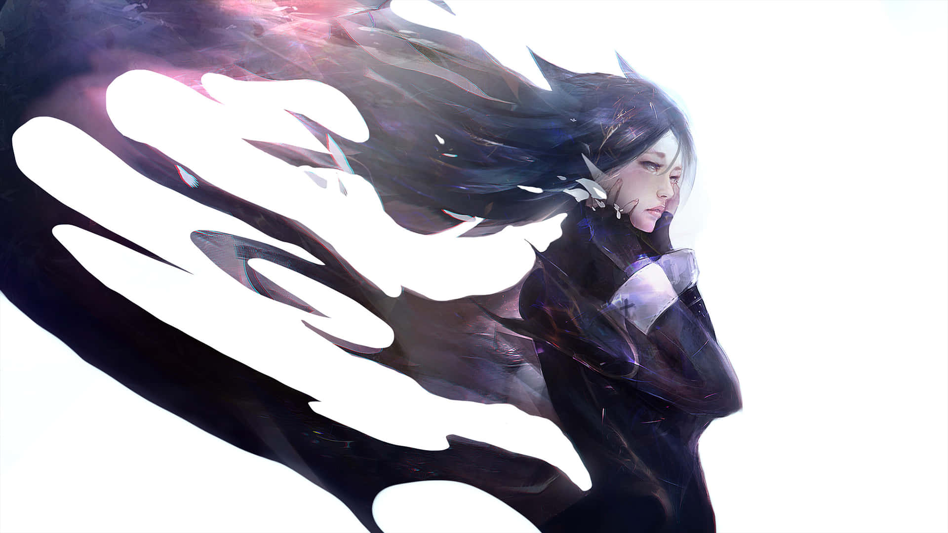 Lucina 桌布 壁紙 — 一位深色頭髮的動漫女孩，雙眼發光，站在純白背景前，一隻巨大的陰影之手從她身後浮現。