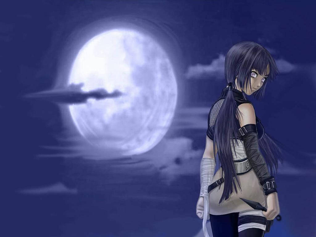 Hinata Hyuga 桌布 壁紙 — 一位深色頭髮的動漫女孩穿著忍者裝備，站在閃耀的滿月下，背景是深藍色的夜空。