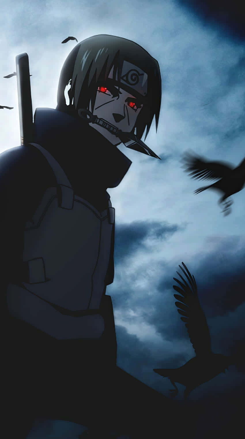 Naruto Itachi 桌布 壁紙 — 一位深色頭髮的動漫忍者，擁有發光的紅色眼睛和面具，站在暴風雨的天空下，烏鴉在他周圍飛翔。