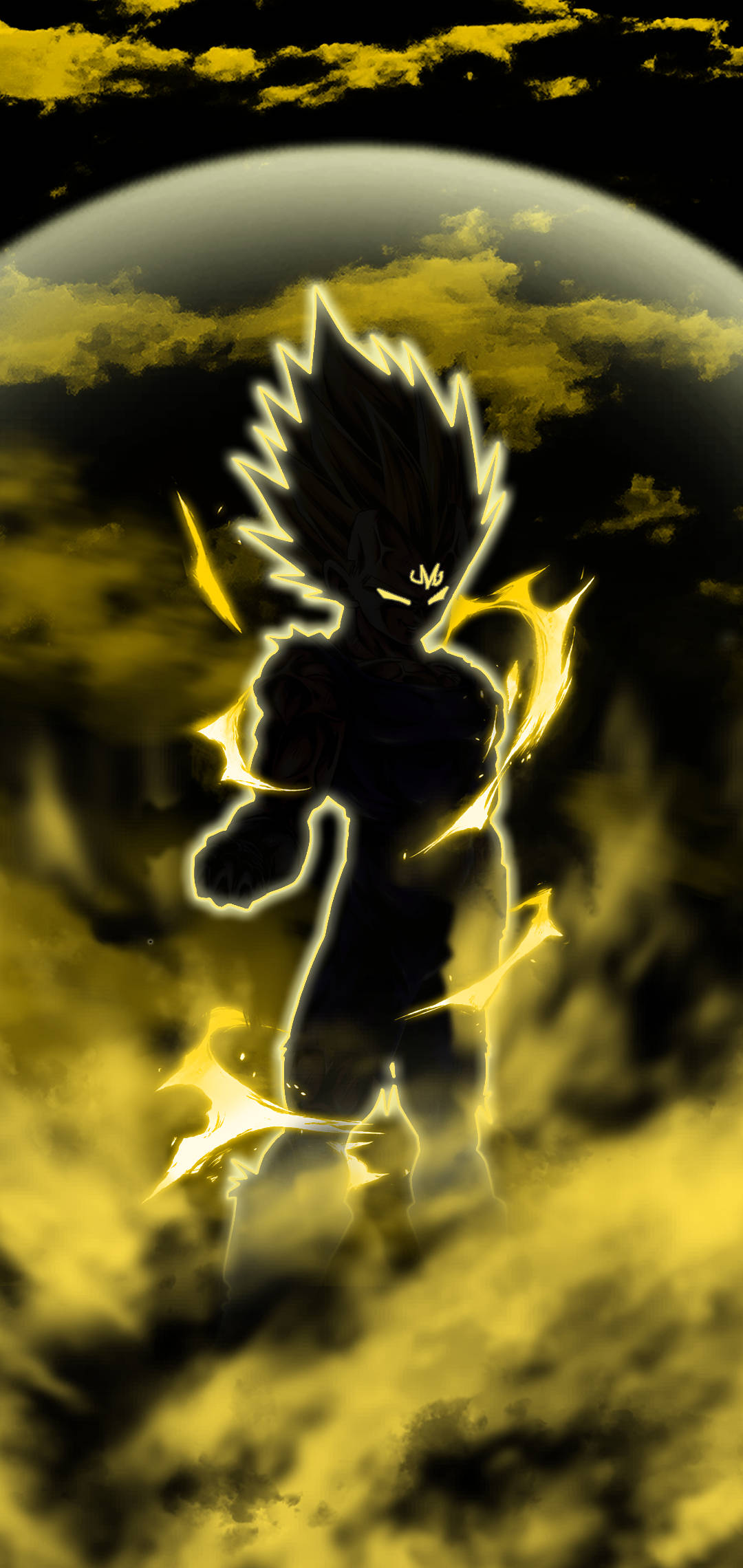 Dark Vegeta 桌布 壁紙 — 一位深色頭髮的動漫戰士，帶有發光的黃色能量光環，站在風暴般的黃黑天空前，背景中有一顆行星。