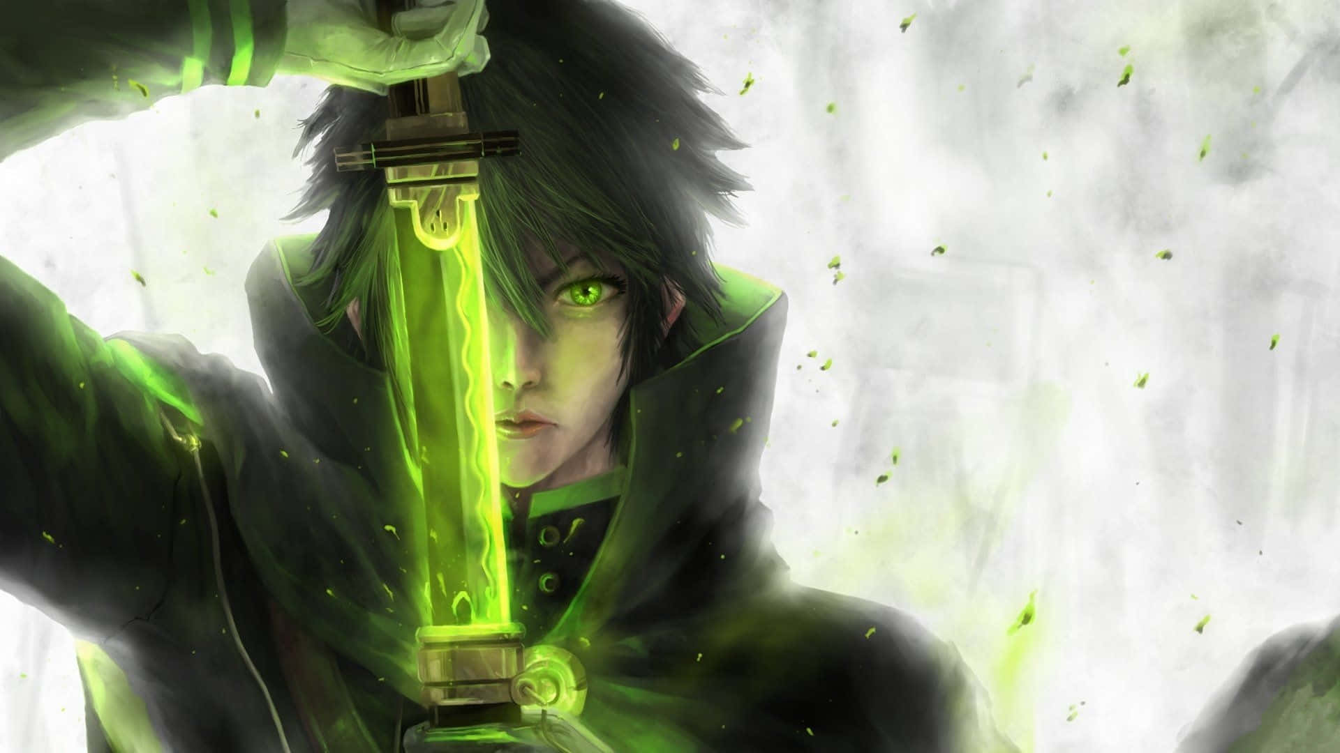 anime sword 桌布 壁紙 — 一位深色頭髮的動漫戰士，擁有發光的綠色眼睛和劍，站在迷霧繚繞、空靈的戰場上。