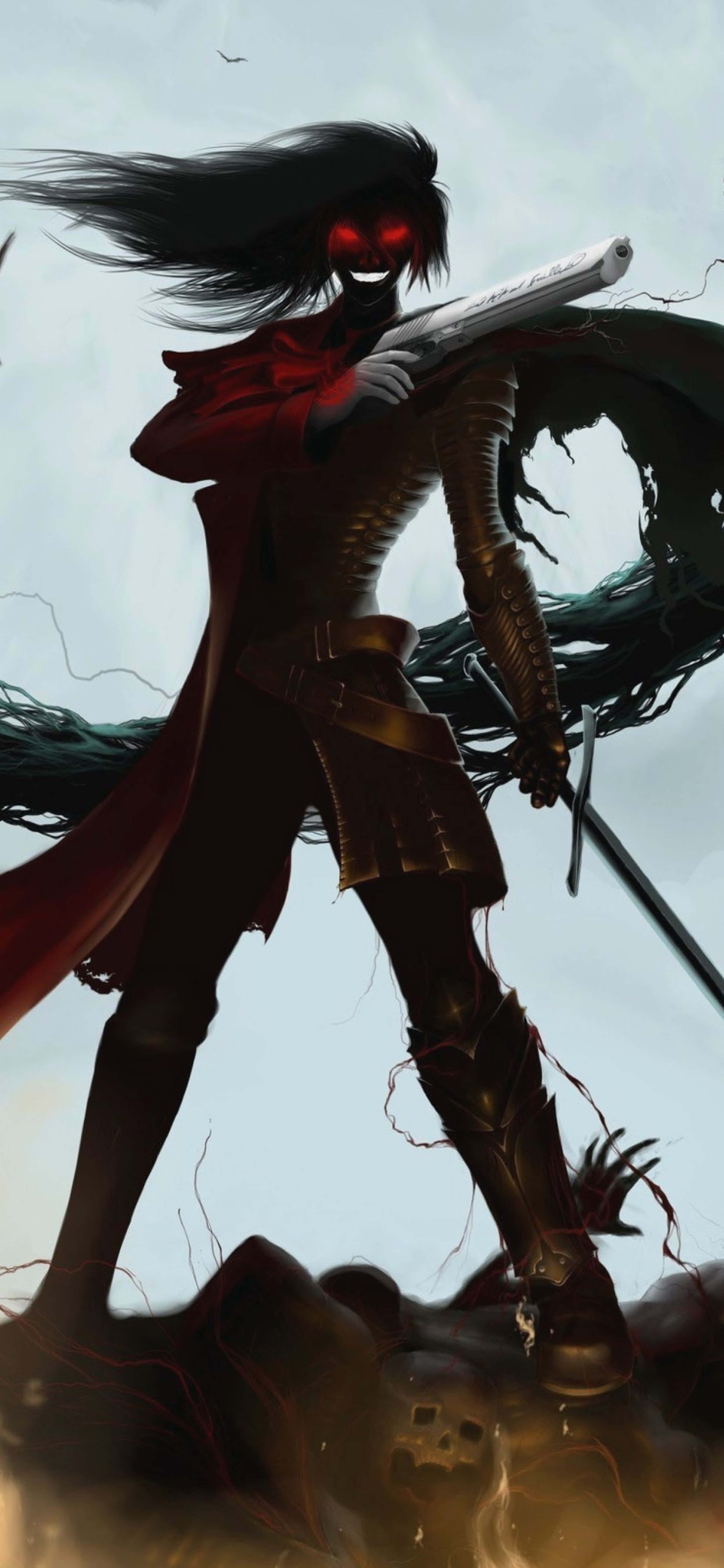Hellsing Ultimate 4K 桌布 壁紙 — 一位深色頭髮的動漫戰士，擁有發光的紅色眼睛，站在頭骨上，手持霰彈槍和劍，背景是暴風雨的天空。