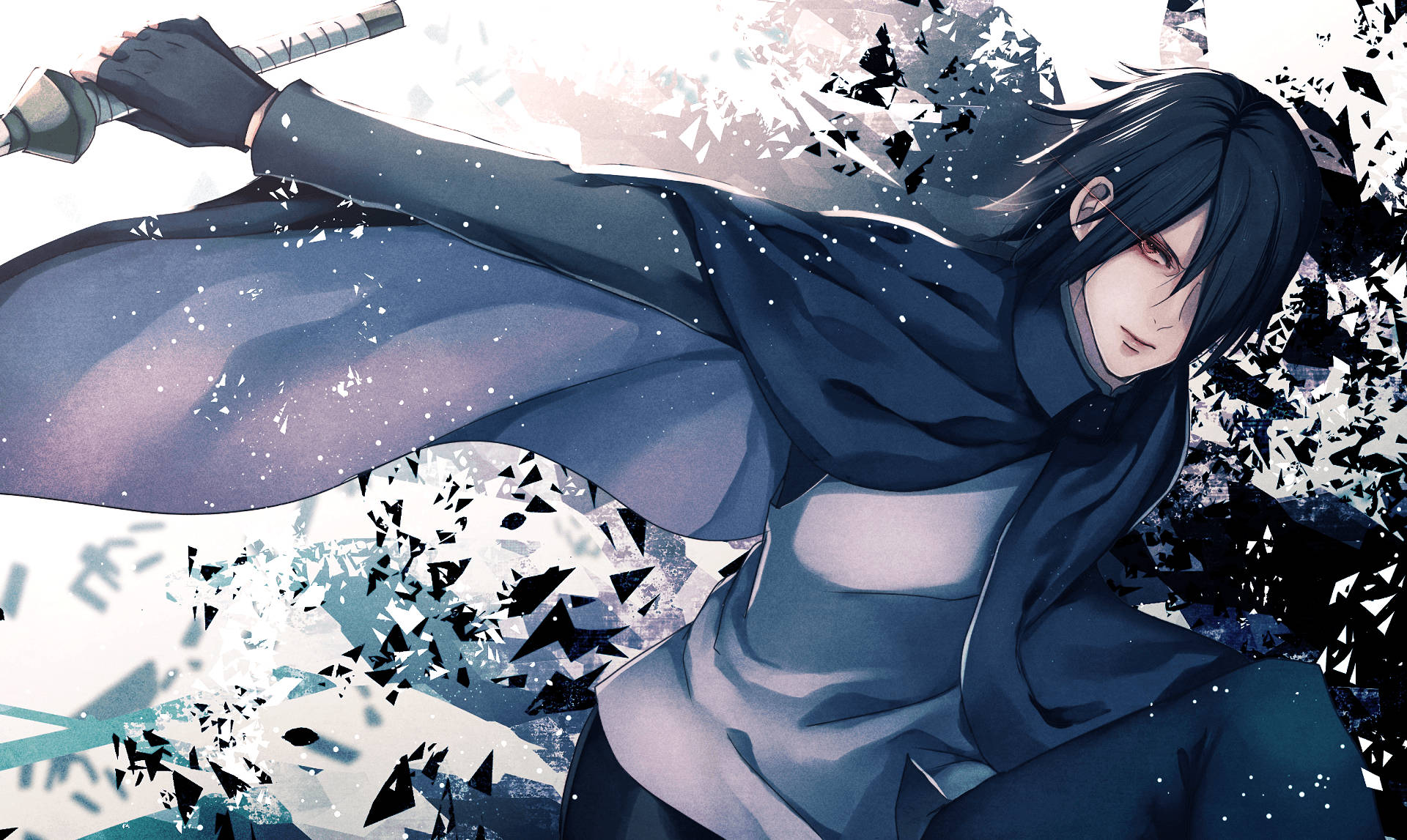 Sasuke 桌布 壁紙 — 一位深色頭髮的動漫戰士，身穿飄逸斗篷，在明亮的白色背景上斬碎黑色碎片。