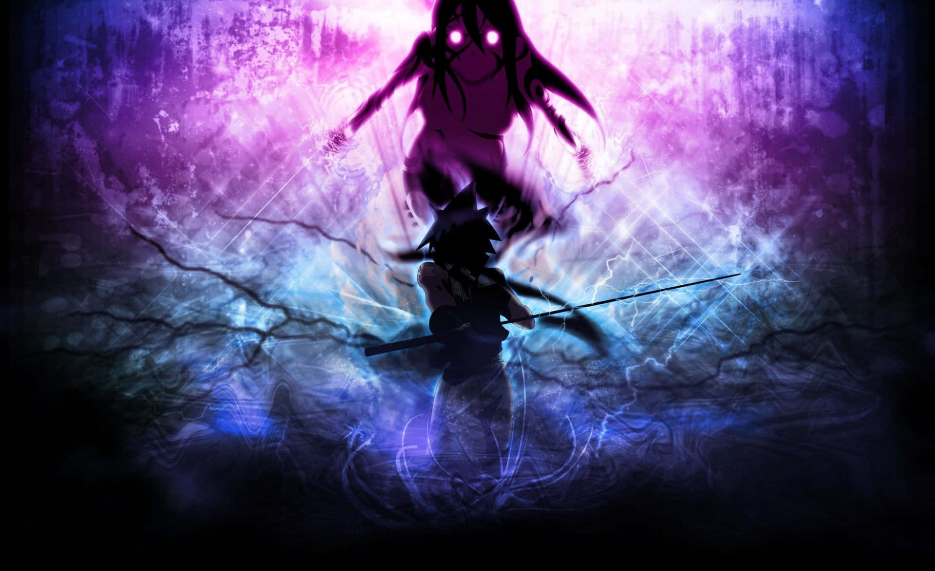 Dark Digital Art 桌布 壁紙 — 一位深色頭髮的動漫戰士手持劍，面對一個發光的紫色幽靈形象，背景是風暴般的藍色和紫色能量。