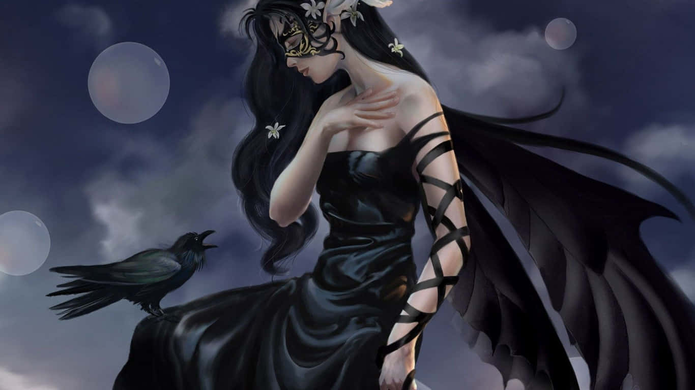 Dark Tales 桌布 壁紙 — 一位深色頭髮的女子，身穿帶有蝙蝠翅膀的黑色長袍，烏鴉棲息在她身旁，暮色天空下漂浮著球體。