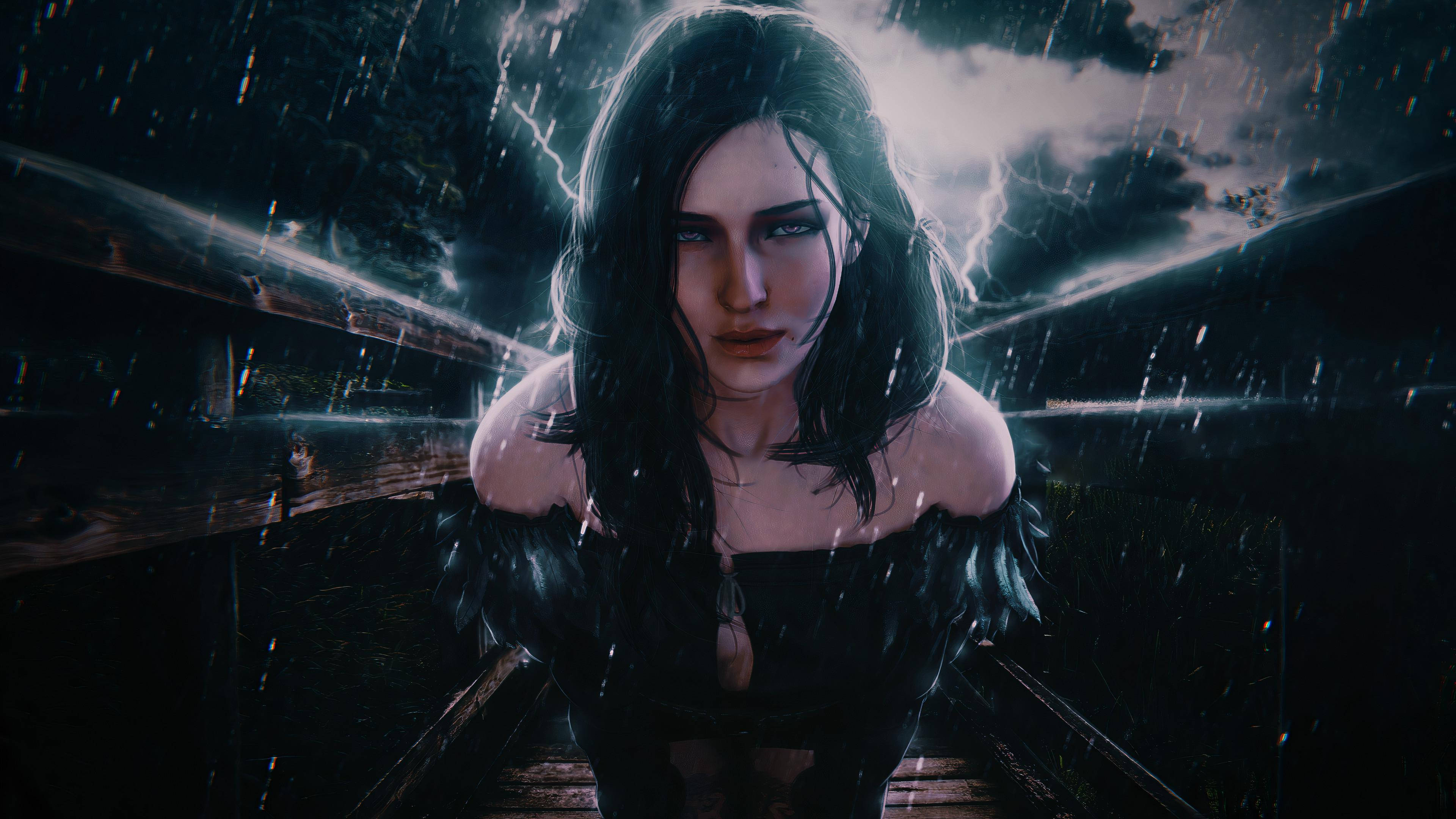 Witcher 桌布 壁紙 — 一位深色頭髮的女子站在木橋上，暴風雨中閃電照亮她的臉龐，雨水在她周圍落下。