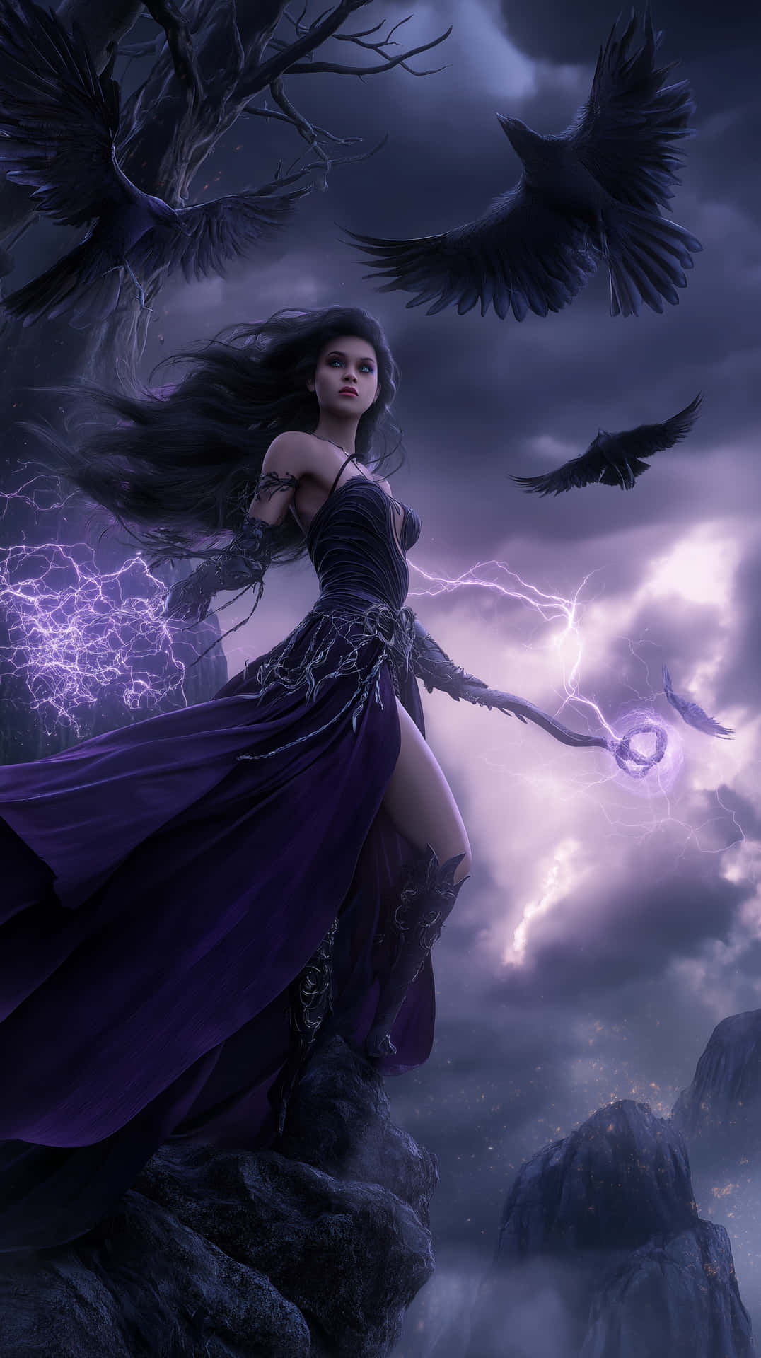Mystic Sorceress Evoking Storms with Arcane Power 壁紙 — 一位深色頭髮的女巫穿著飄逸的紫色長袍，站在岩石懸崖頂上召喚閃電，烏鴉在暴風雨的黃昏天空中翱翔。