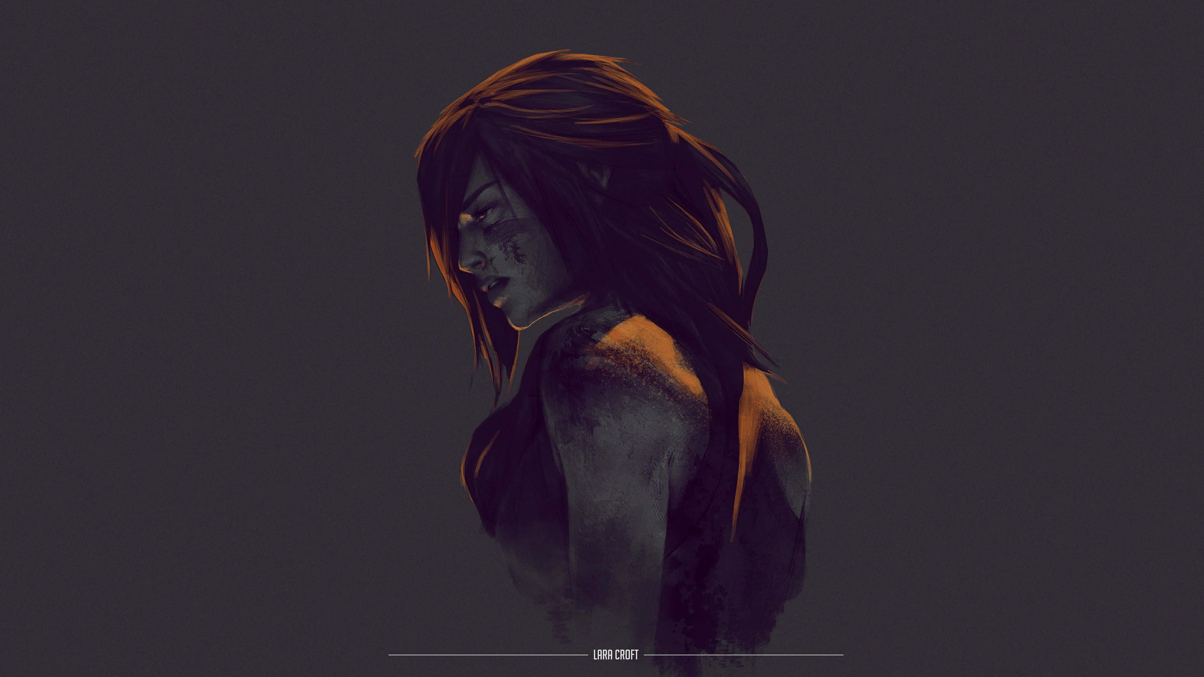 Minimalist Gaming 桌布 壁紙 — 一位深色頭髮的女性，臉上帶有瘀傷，頭髮上有橙色亮點，側面輪廓映襯在柔和的灰色背景上。