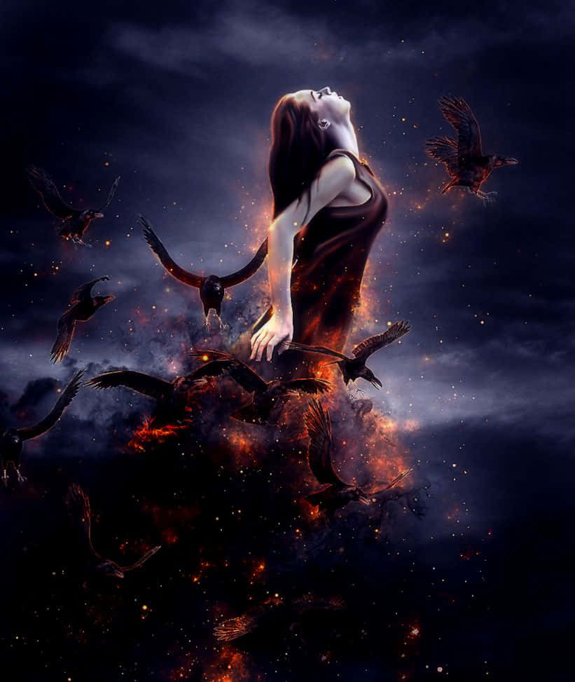 Black Magic Woman 桌布 壁紙 — 一位深色頭髮的女性向上伸手，烏鴉在她周圍盤旋，背景是星夜中熾熱的宇宙能量。