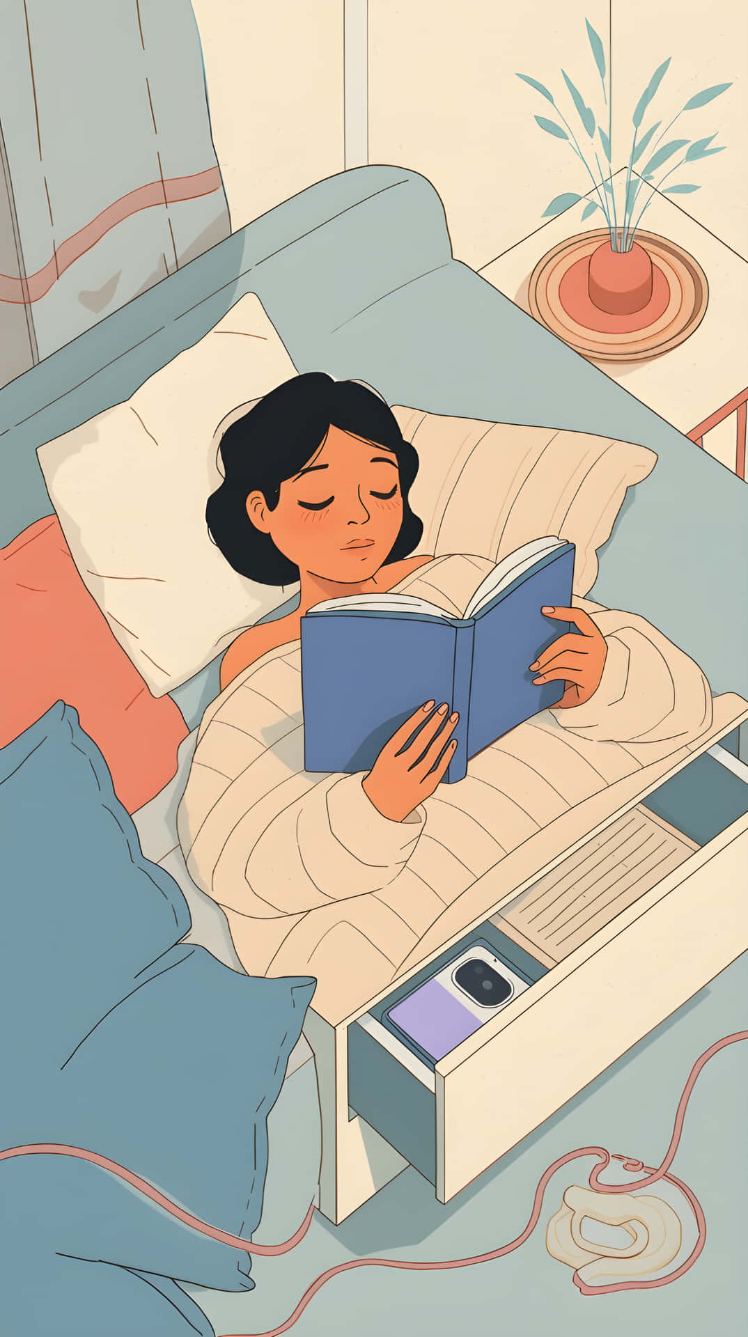 Cozy Reading Day 壁紙 — 一位深色頭髮的女性在床上休息，閱讀一本藍色書籍，周圍有柔軟的枕頭和盆栽植物。