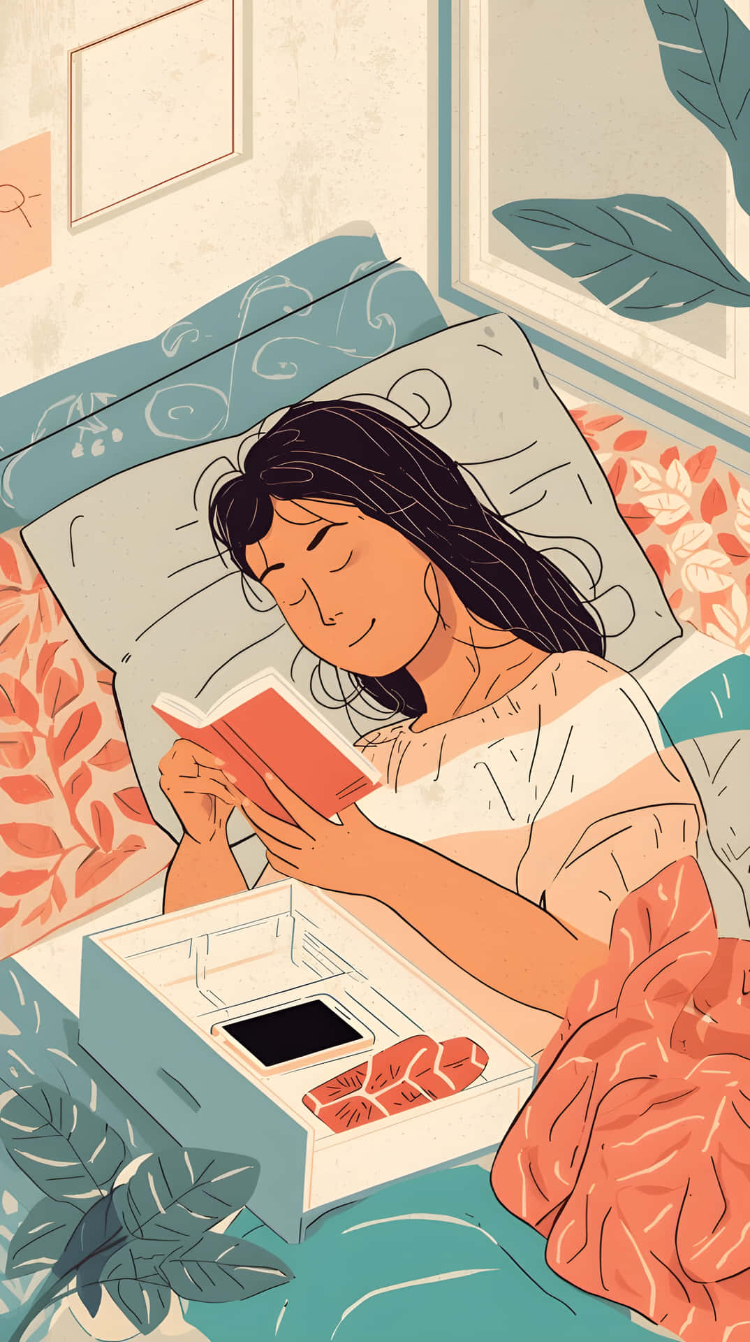 ​A Quiet Moment 壁紙 — 一位深色頭髮的女性在床上安詳地睡覺，手裡拿著一本紅色的書，旁邊有一個白色托盤，上面放著手機和小吃。