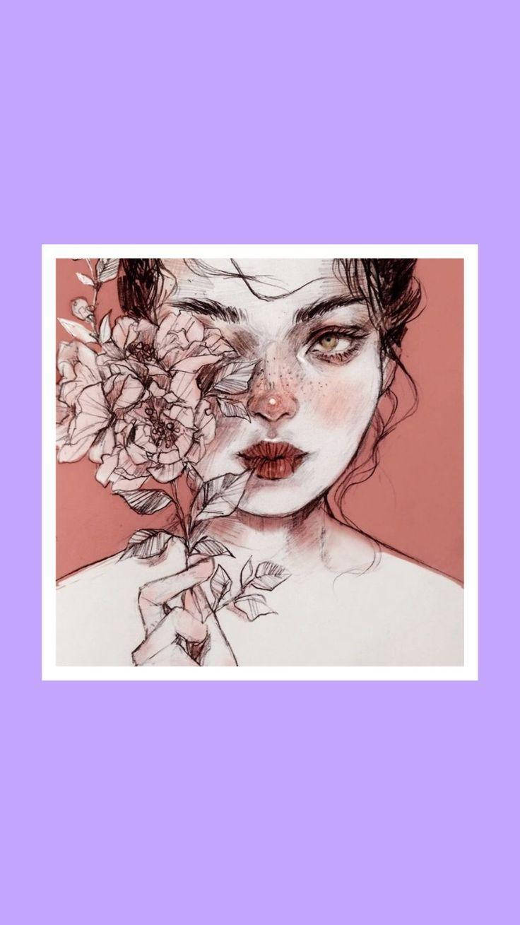 美學 Tumblr 桌布 壁紙 — 一位深色頭髮的女性在柔和的珊瑚色背景前，將一朵大粉紅花放在左眼上方。