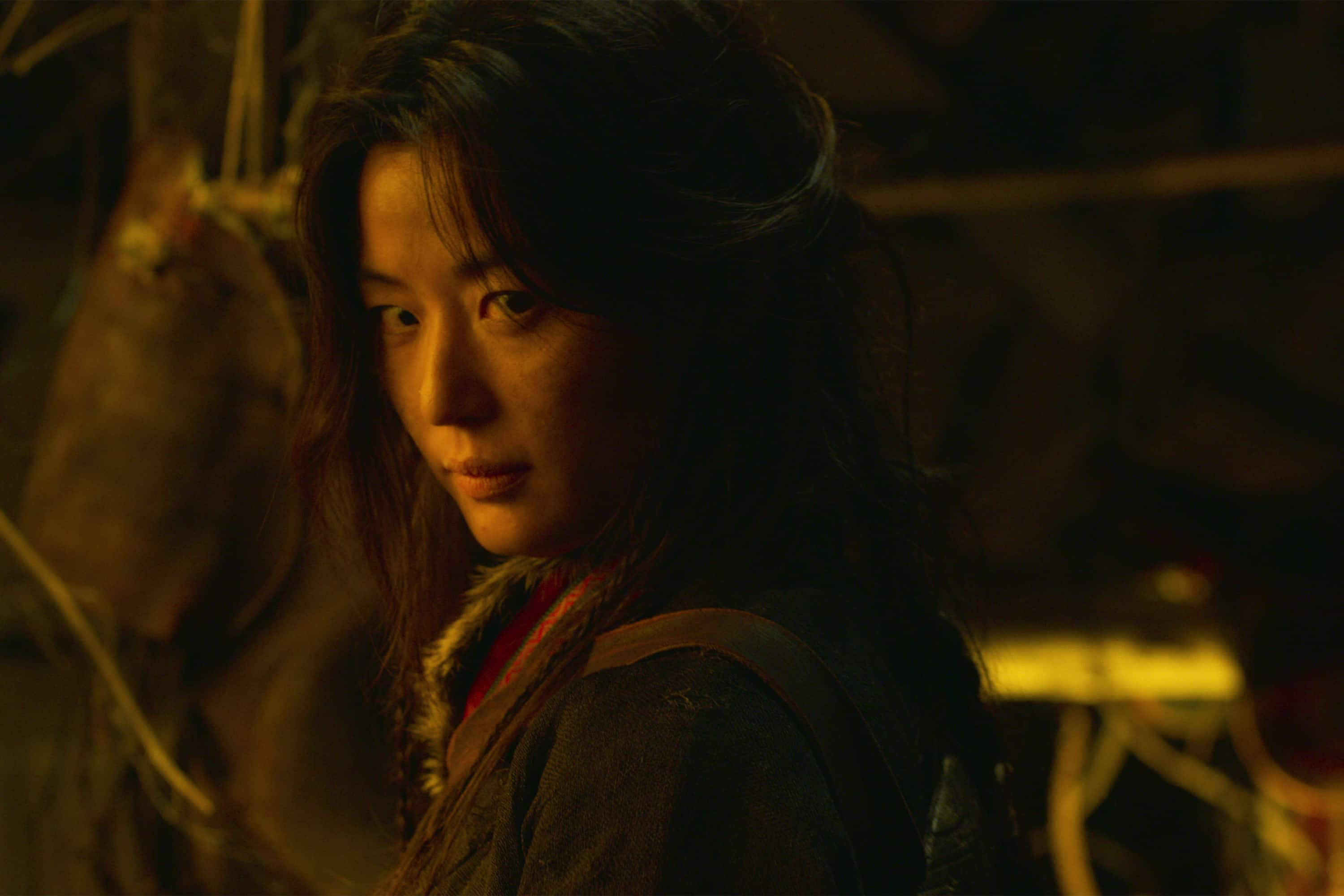 Jun Ji Hyun 桌布 壁紙 — 一位深色頭髮的女性在溫暖的金色光線中，對著鄉村風格的模糊背景專注地凝視。