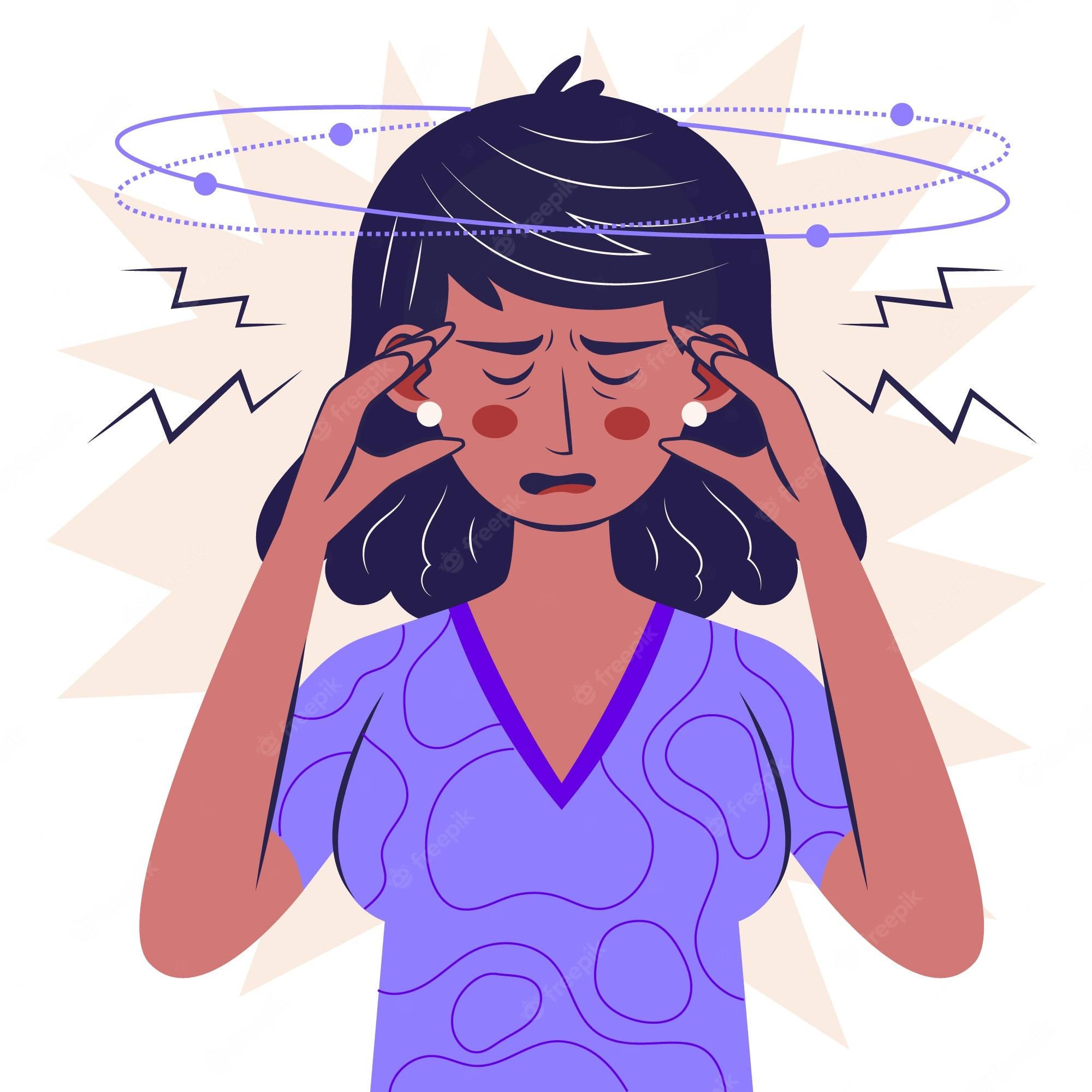 Confused 桌布 壁紙 — 一位深色頭髮的女性在米色星爆背景下，紫色能量在她頭部周圍旋轉，她緊捂著耳朵。