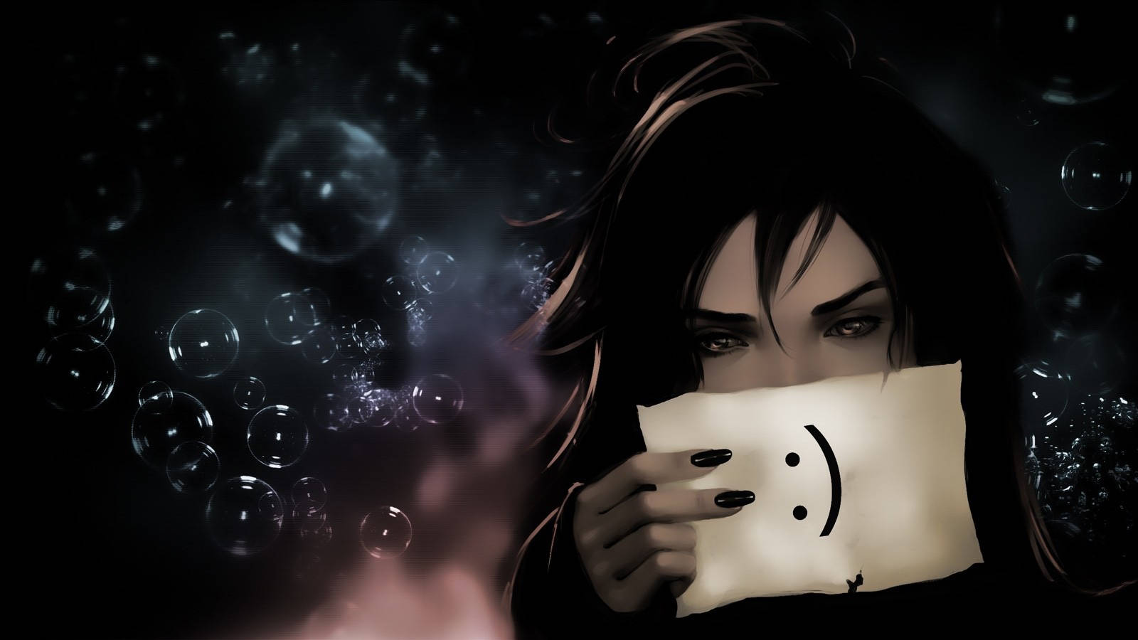 Sad Eyes 桌布 壁紙 — 一位深色頭髮的女性在陰暗的空間中，將一張帶有笑臉的紙張放在嘴巴上，周圍有氣泡漂浮。