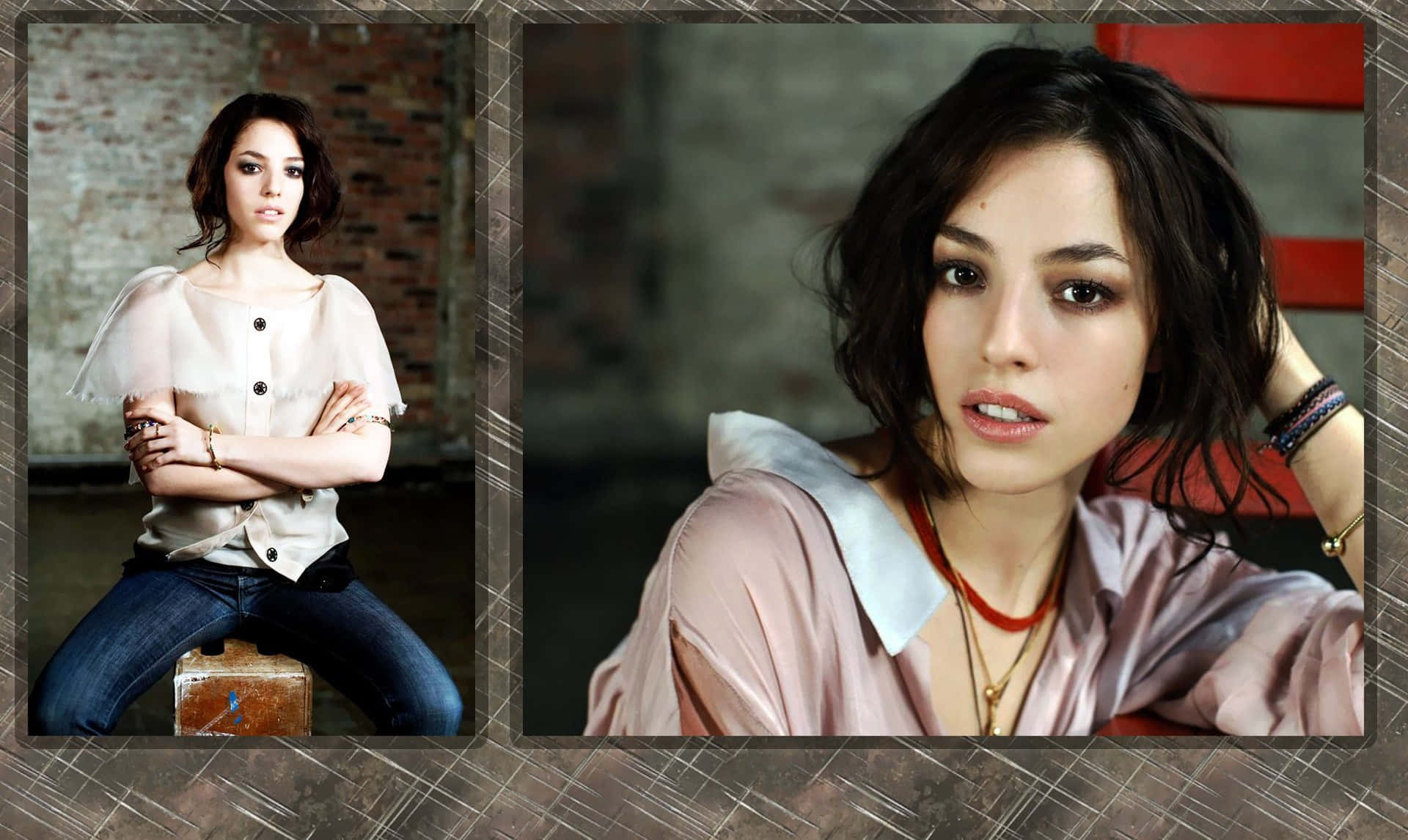 Olivia Thirlby 桌布 壁紙 — 一位深色頭髮的女性自信地坐在行李箱上，背靠磚牆，身穿透視襯衫和牛仔褲，另一張照片則顯示她身體前傾，表情若有所思。