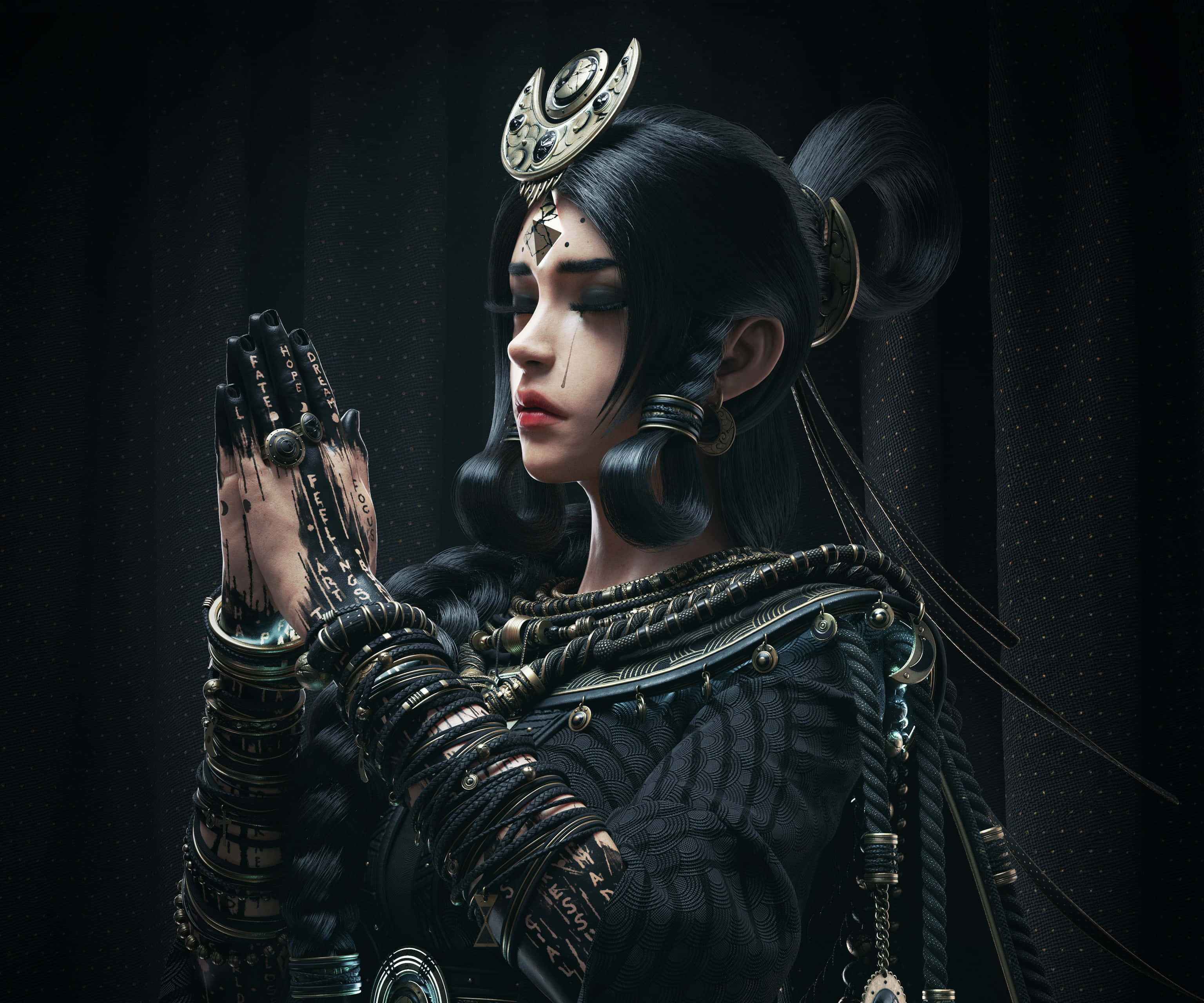 Praying 桌布 壁紙 — 一位深色頭髮的女性身穿華麗的黑金色儀式服裝，在黑色紋理背景前雙手合十祈禱。