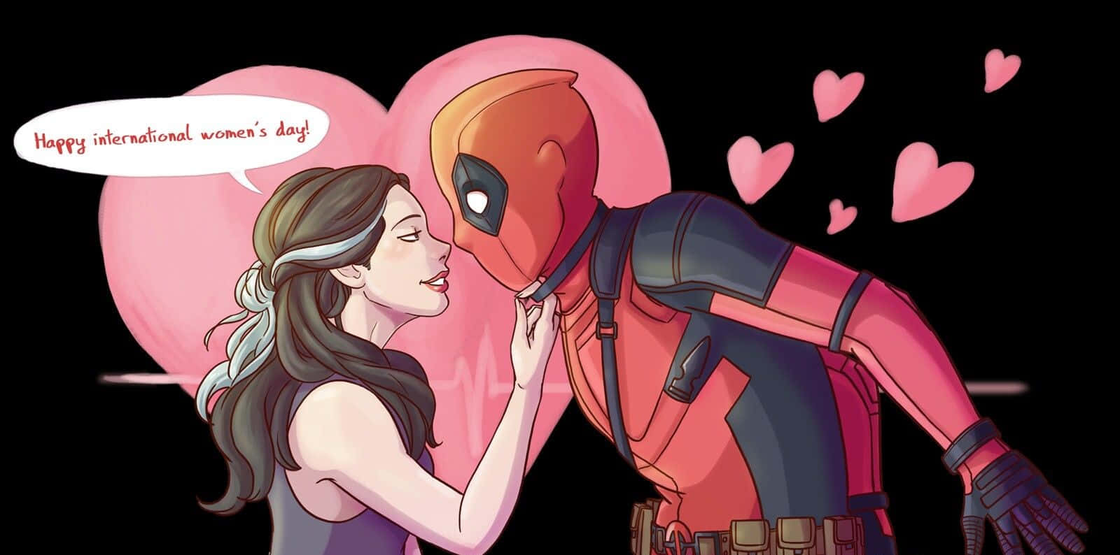 Deadpool And Vanessa 桌布 壁紙 — 一位深色頭髮的女性輕輕觸摸死侍戴著面具的臉，他們靠向一個巨大的粉紅色心形，周圍有漂浮的心形和一個寫著「Happy international women's day!」的對話氣泡，準備接吻。