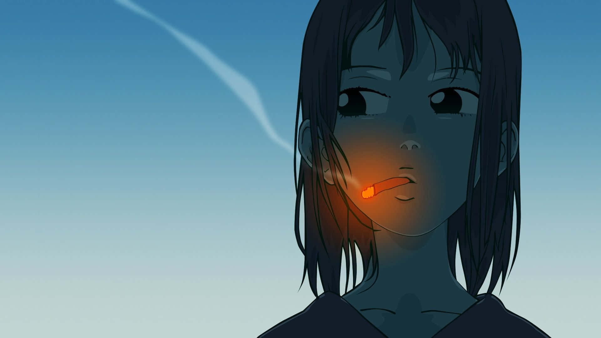 Cute Aesthetic Anime Desktop 桌布 壁紙 — 一位深色頭髮的年輕動漫女孩在漸變藍色天空下抽煙，留下一道煙霧痕跡。