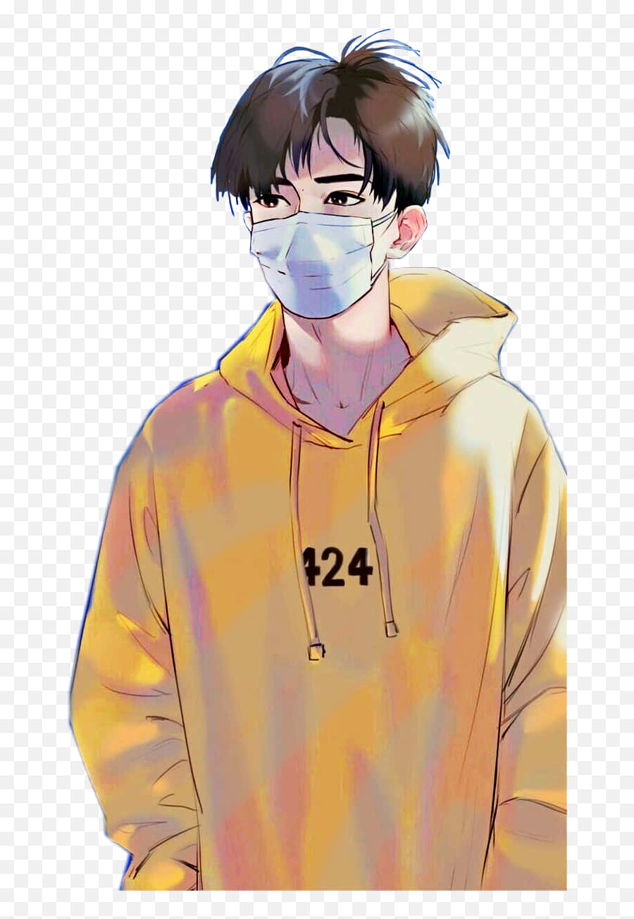 Cute Anime Boys 桌布 壁紙 — 一位深色頭髮的年輕動漫風格男子戴著淺藍色口罩，身穿胸前印有124號的黃色連帽衫。