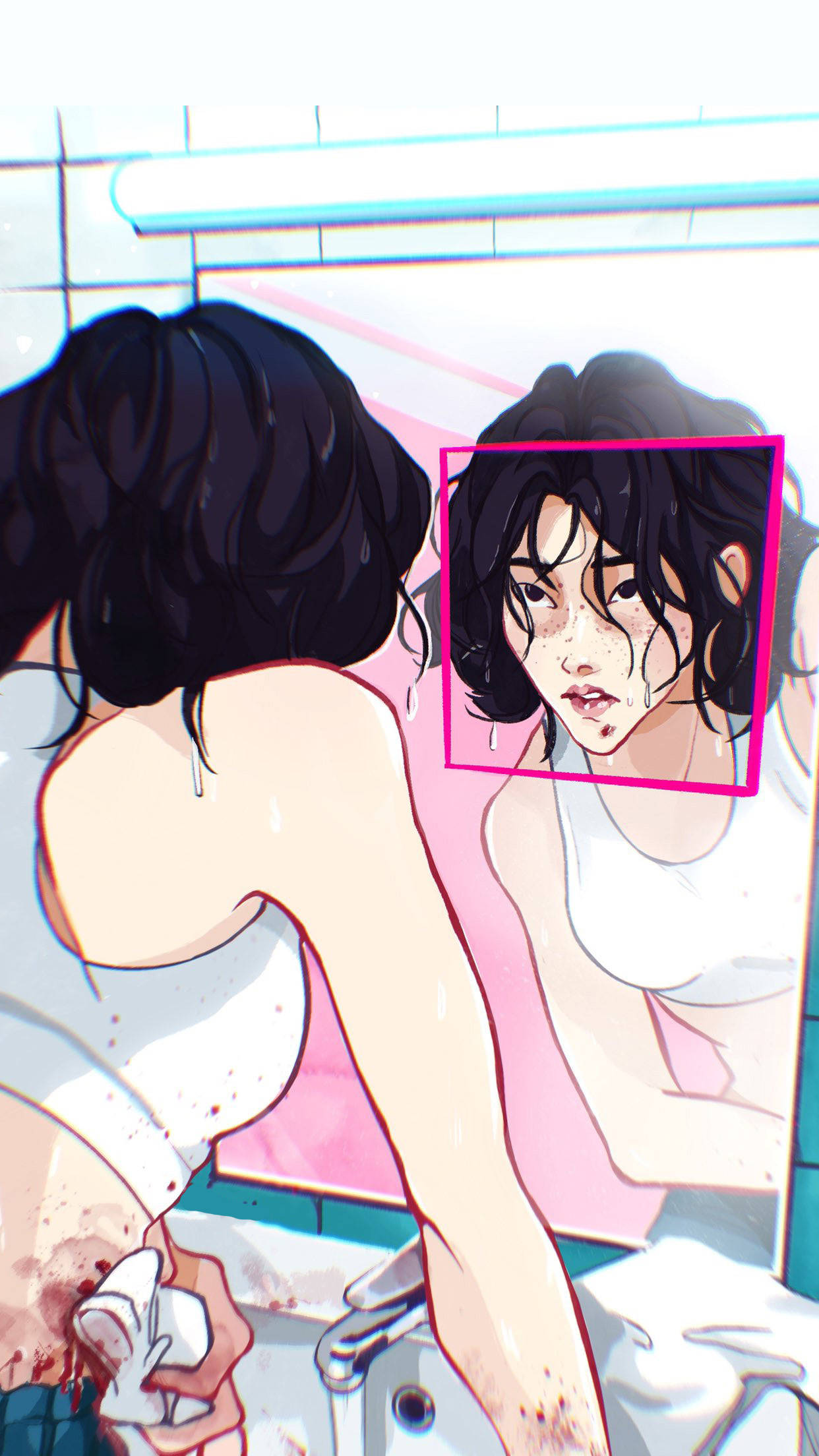 game 桌布 壁紙 — 一位深色頭髮的年輕女子在浴室鏡子中凝視自己的倒影，同時拿著一塊沾血的布。