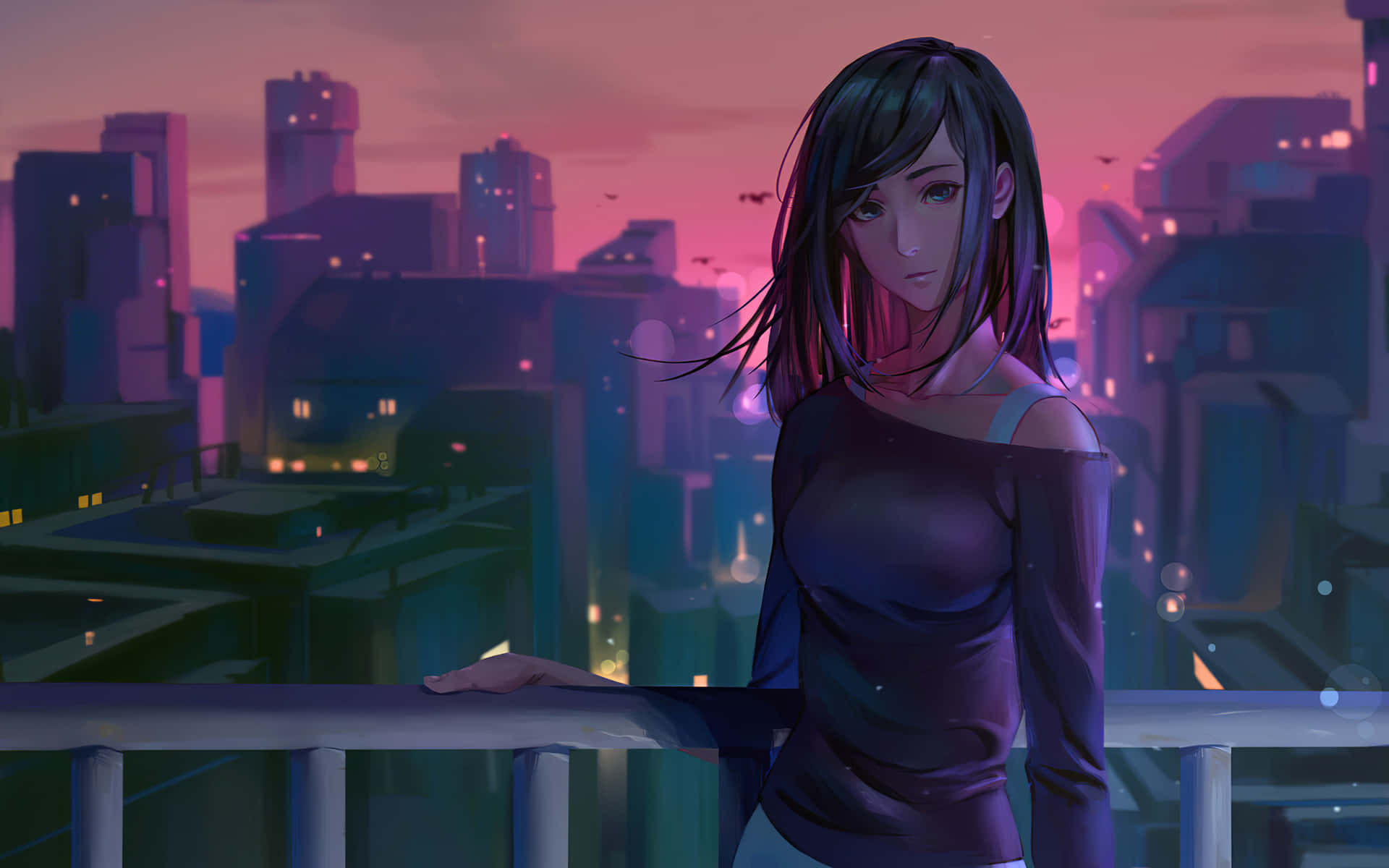 Animated 桌布 壁紙 — 一位深色頭髮的年輕女子站在屋頂陽台上，俯瞰著黃昏時分閃爍的霓虹城市景觀。