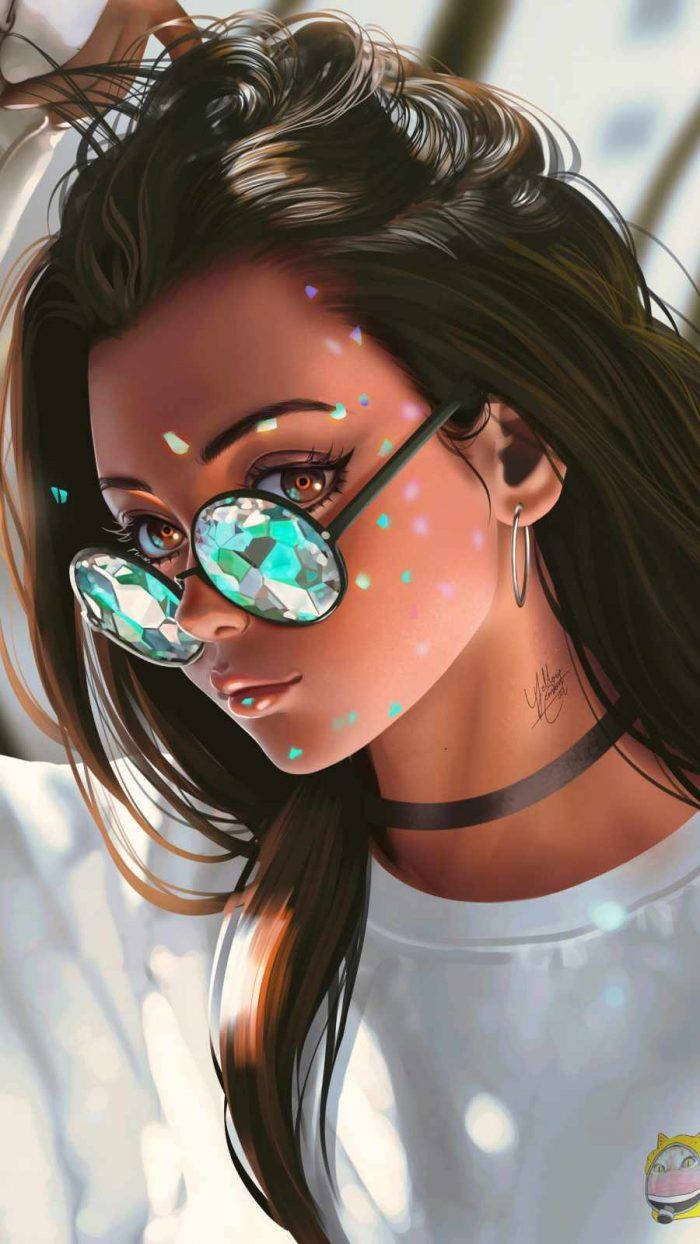 Cool Girl Cartoon 桌布 壁紙 — 一位深色頭髮的年輕女性戴著閃閃發光的藍綠色太陽眼鏡，凝視前方，彩色亮片漂浮在她的臉龐周圍。