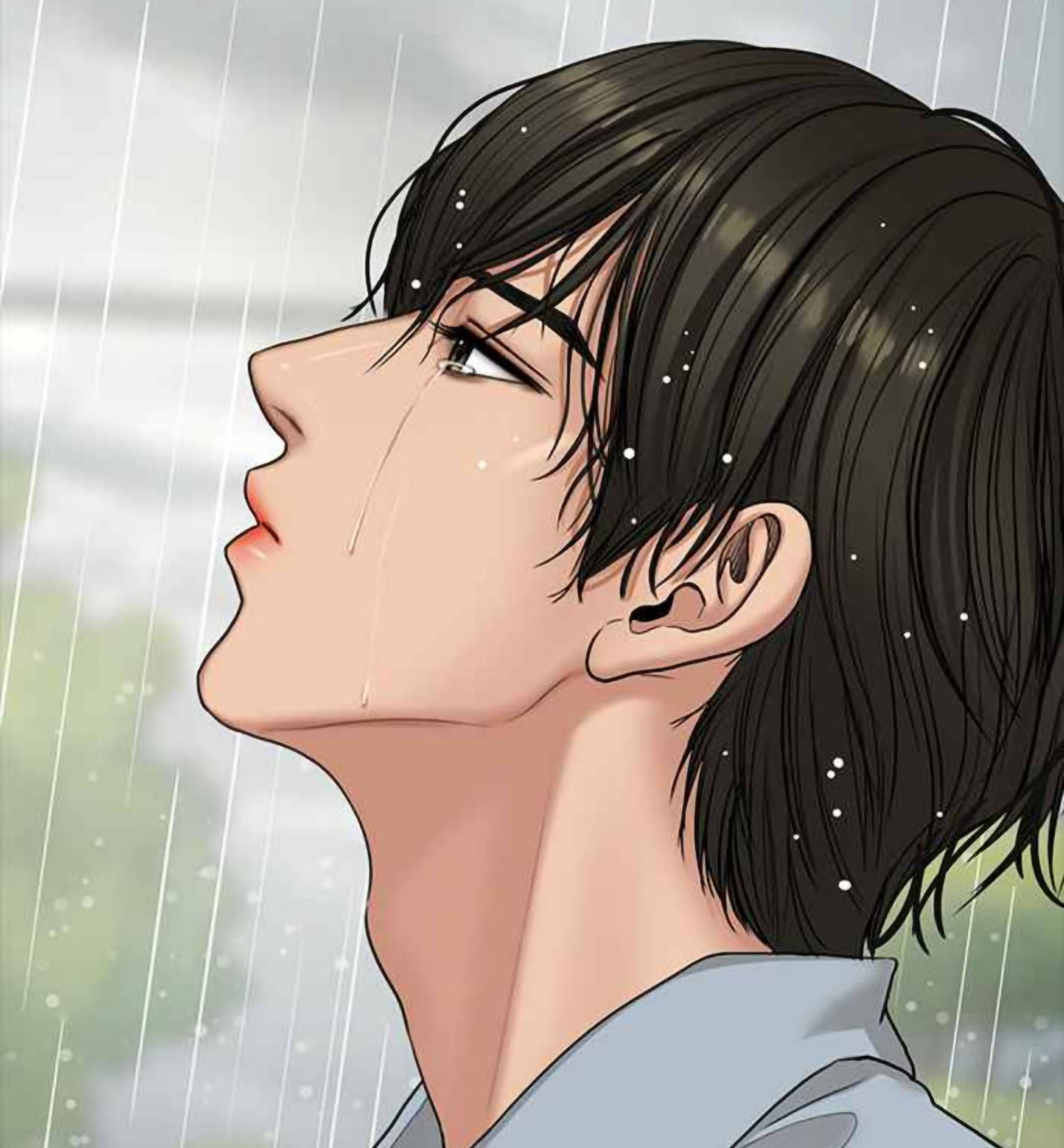 icon 桌布 壁紙 — 一位深色頭髮的年輕男子向上凝視，雨滴落在他淚痕斑斑的臉龐周圍，呈現柔和的動漫風格。