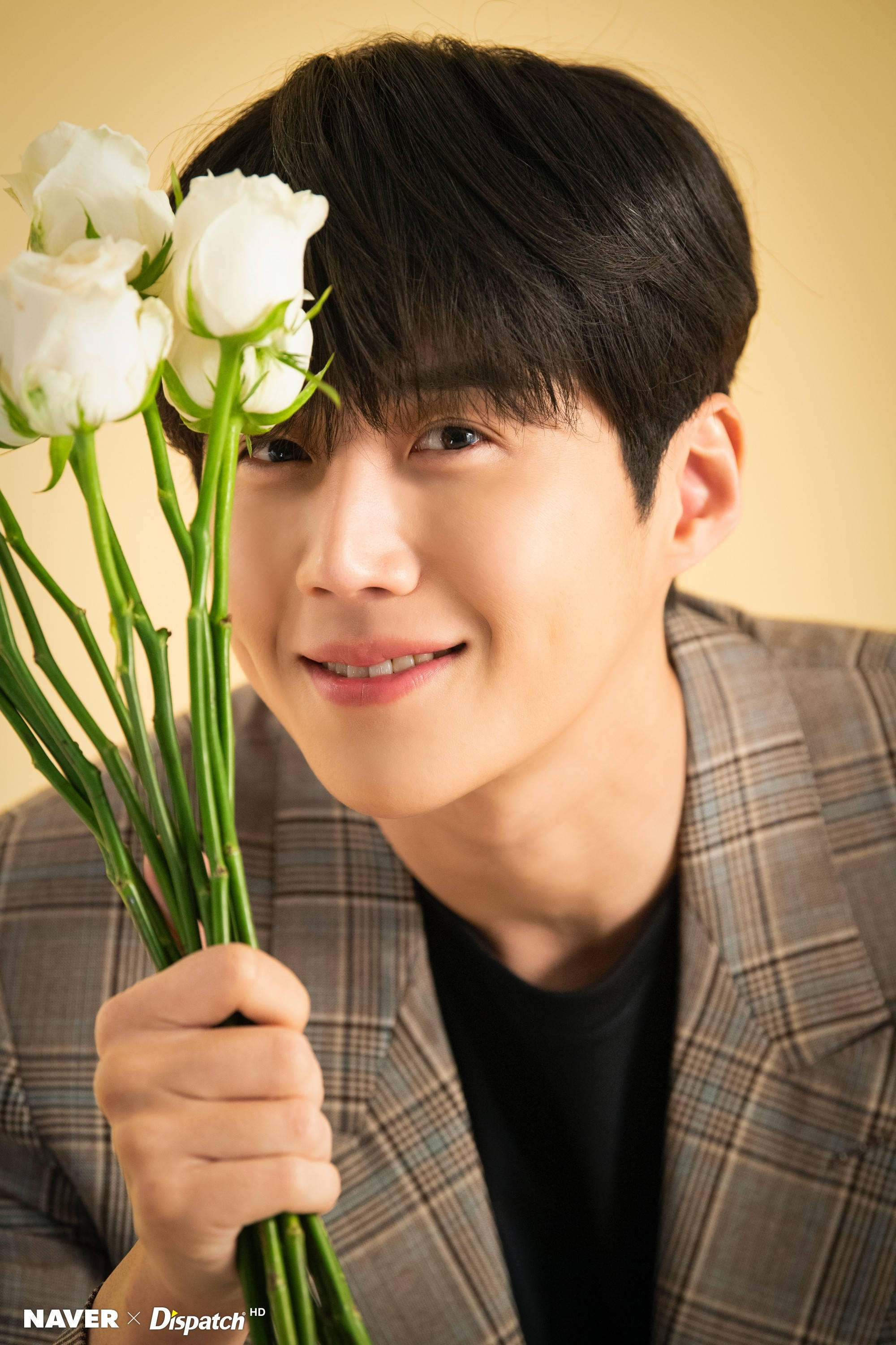 Kim Seon Ho 桌布 壁紙 — 一位深色頭髮的年輕男子在溫暖的米色背景前，手持一束白玫瑰，溫柔地微笑。