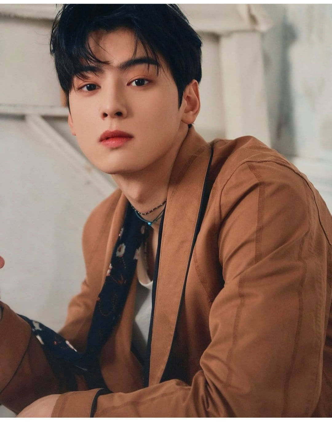 Eunwoo 桌布 壁紙 — 一位深色頭髮的年輕男子穿著棕色外套，內搭圖案襯衫，背景為柔和的白色。