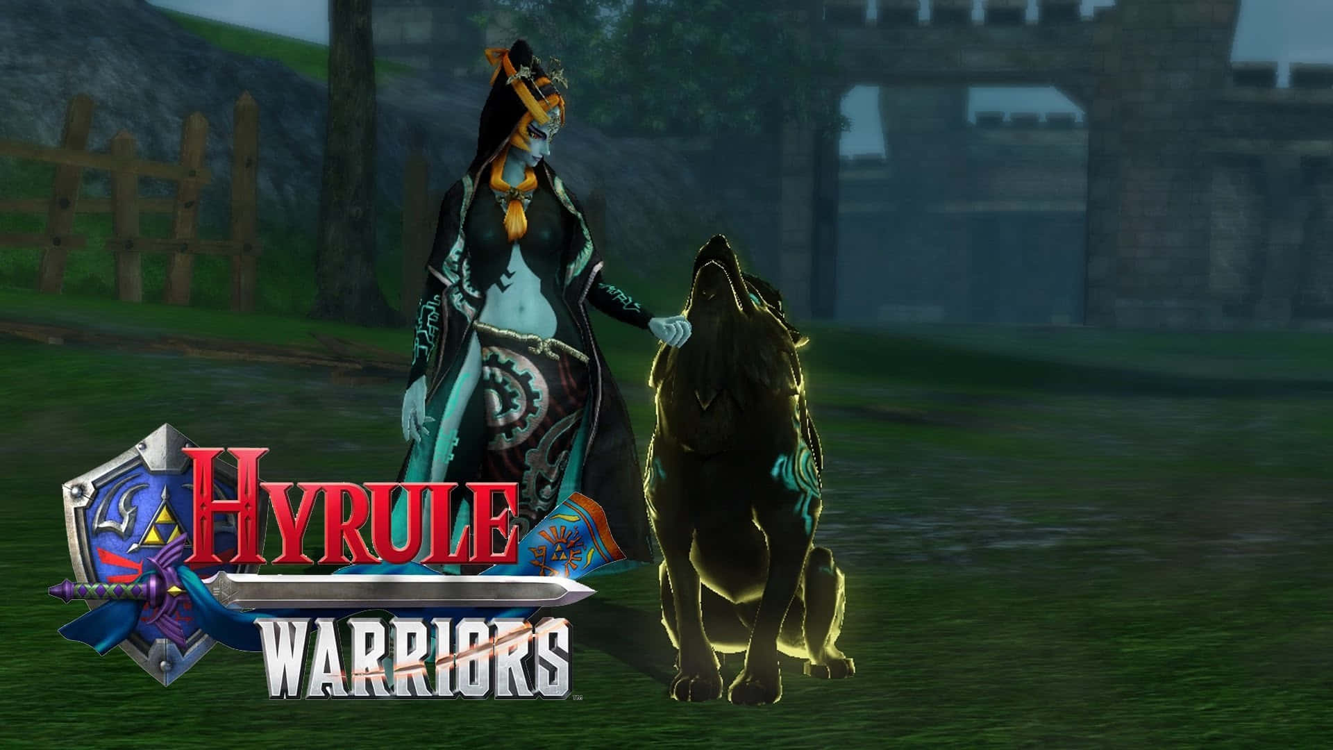 The Legend Of Zelda Hyrule 桌布 壁紙 — 一位深色頭髮的戰士身穿華麗盔甲，站在石門附近的草地上，旁邊有一隻發光的狼。