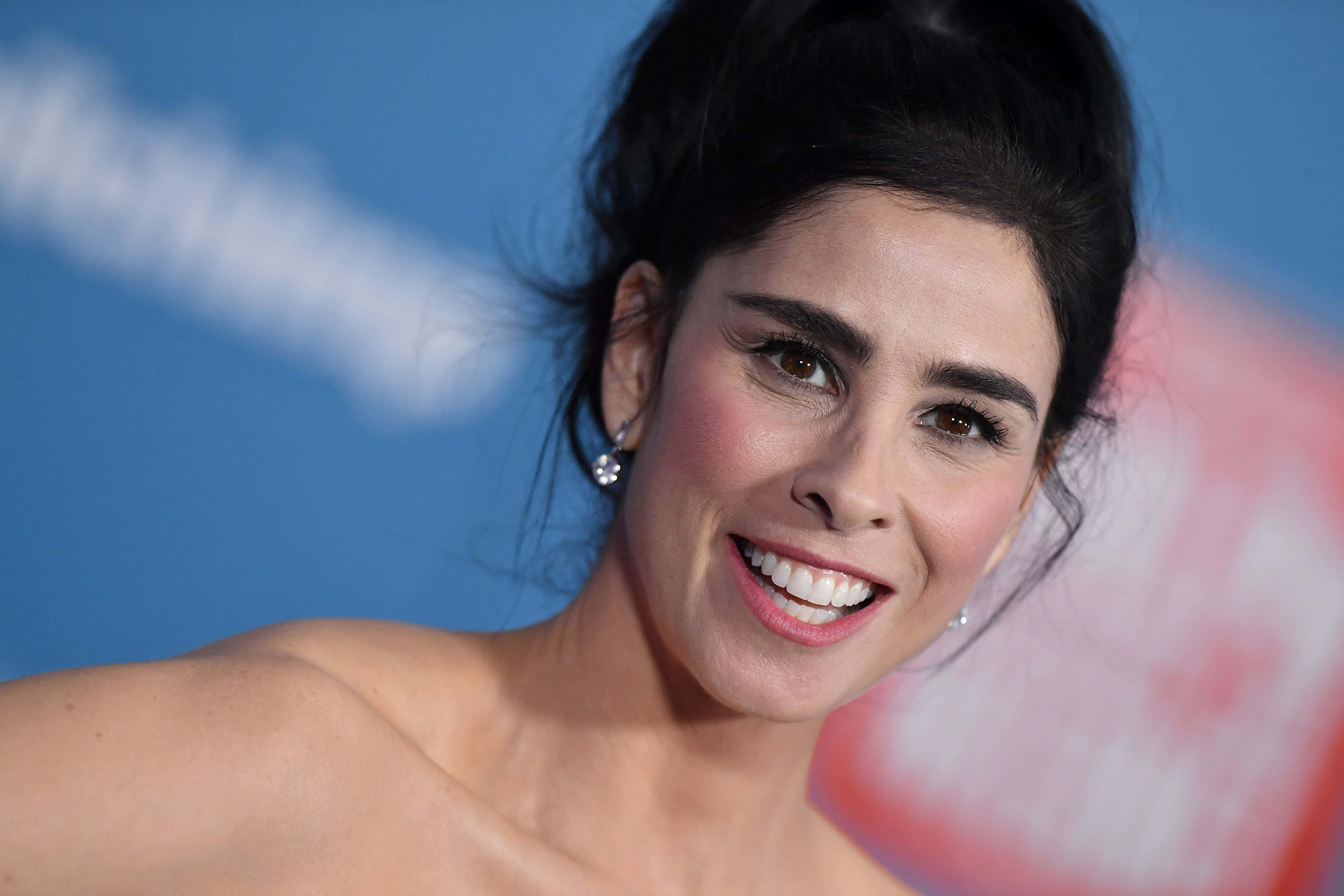 sarah silverman 桌布 壁紙 — 一位深色頭髮的燦爛女性在模糊的藍色和紅色背景前燦爛微笑。
