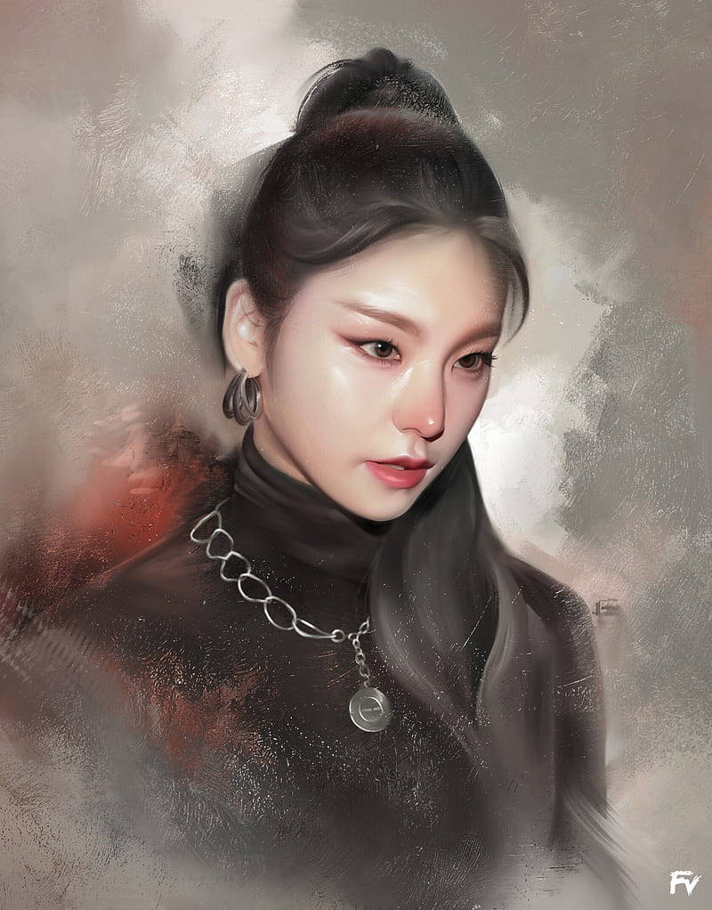 Beautiful Woman 桌布 壁紙 — 一位深色頭髮盤成髮髻、穿著黑色高領毛衣和銀色鏈條項鍊的女性，背景為煙灰色和紅色。