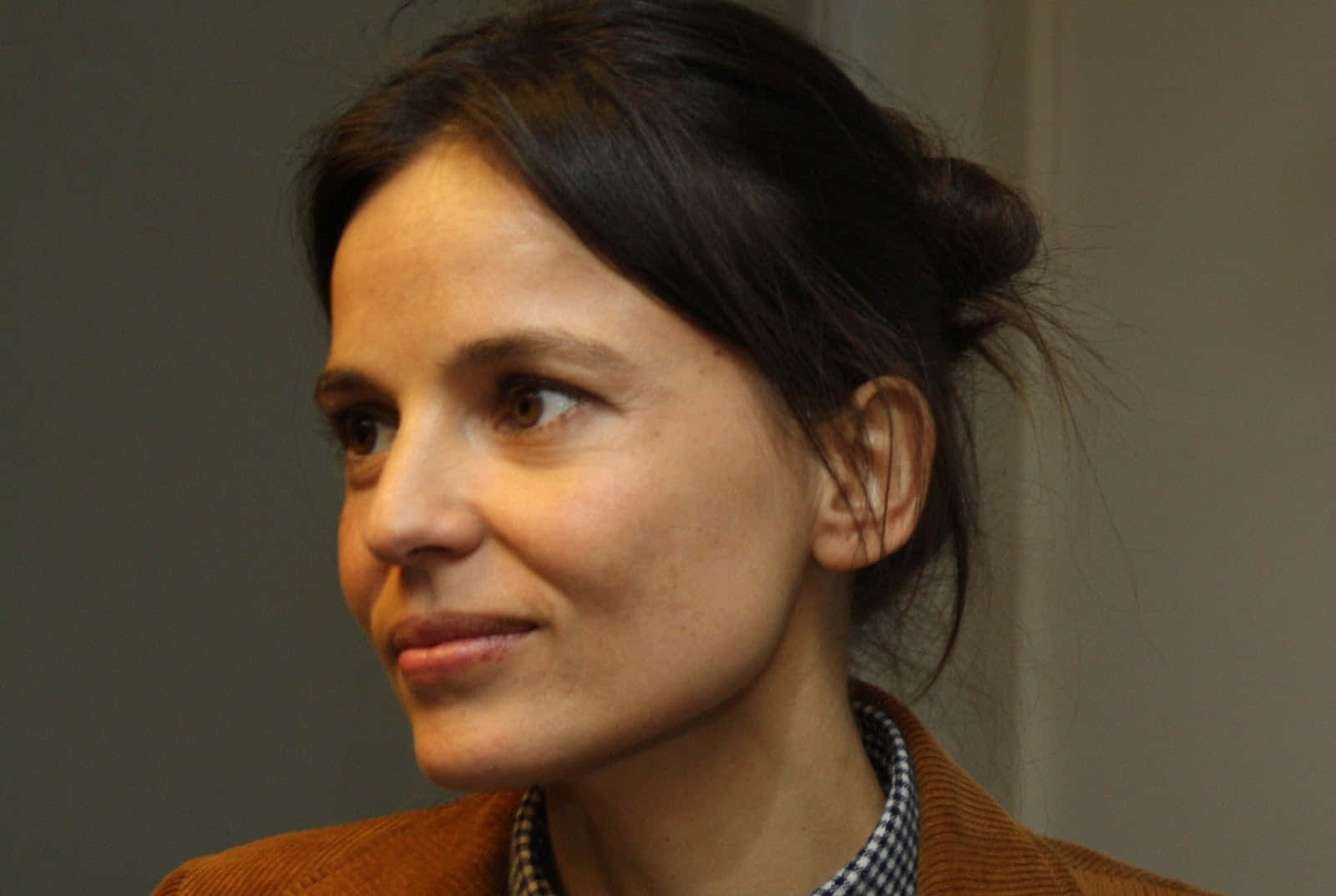 Elena Anaya 桌布 壁紙 — 一位深色頭髮盤成髮髻、身穿棕色外套和格紋襯衫的女性側頭沉思的特寫肖像。