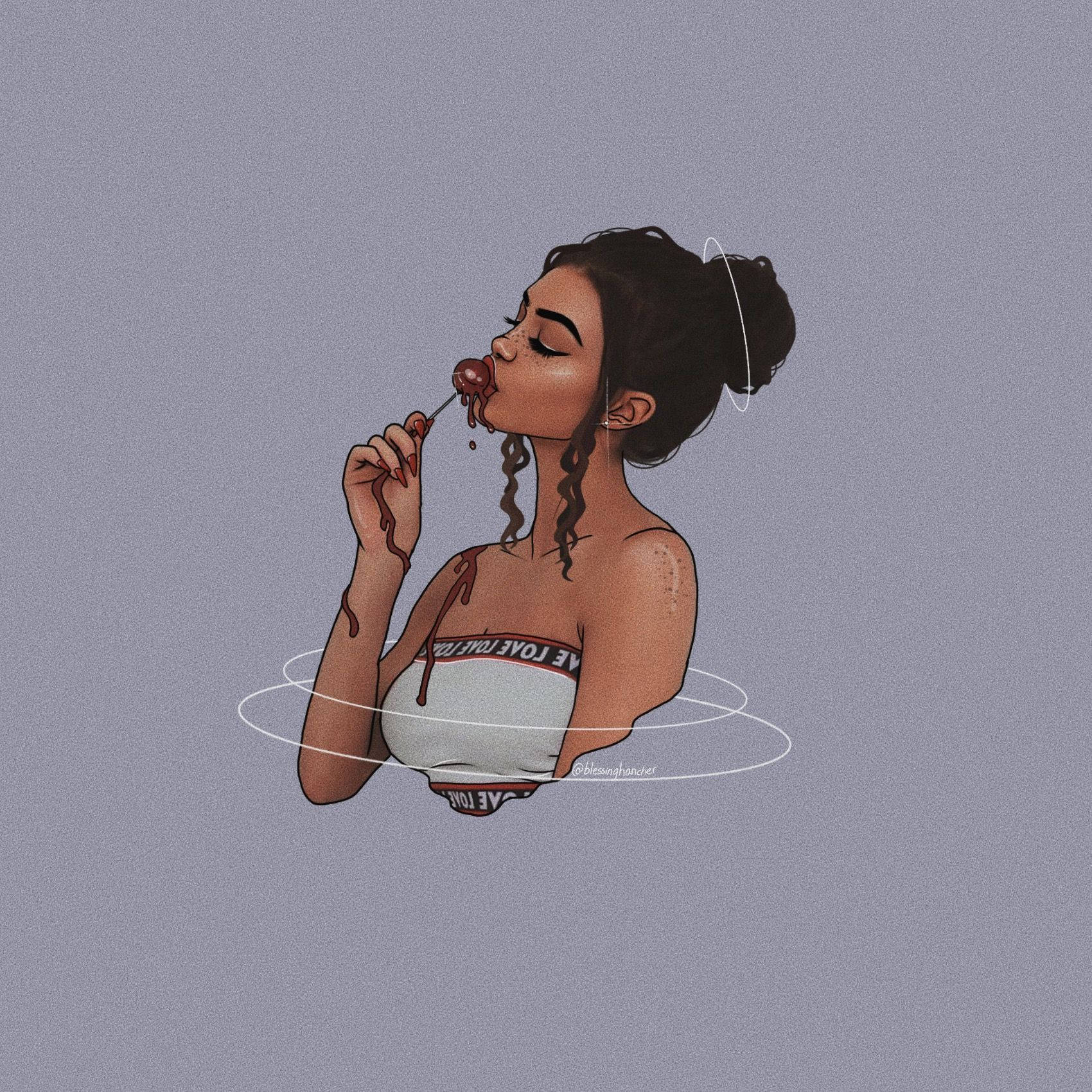Black Girl 桌布 壁紙 — 一位深色頭髮盤成髮髻的女性，在柔和的灰色背景前用湯匙啜飲巧克力。