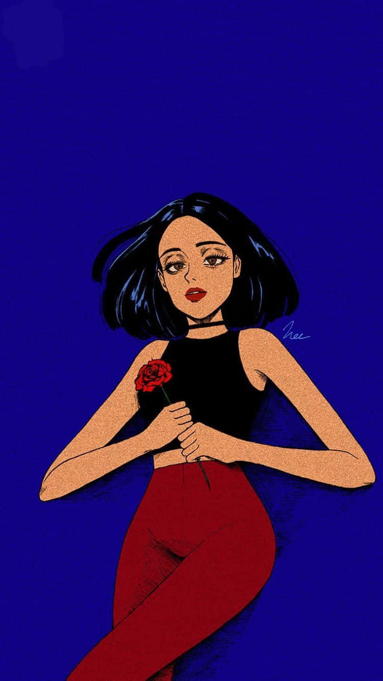 Aesthetic Cute Profile 桌布 壁紙 — 一位深色鮑伯頭的時尚女性，在深藍色背景上拿著一朵紅玫瑰。